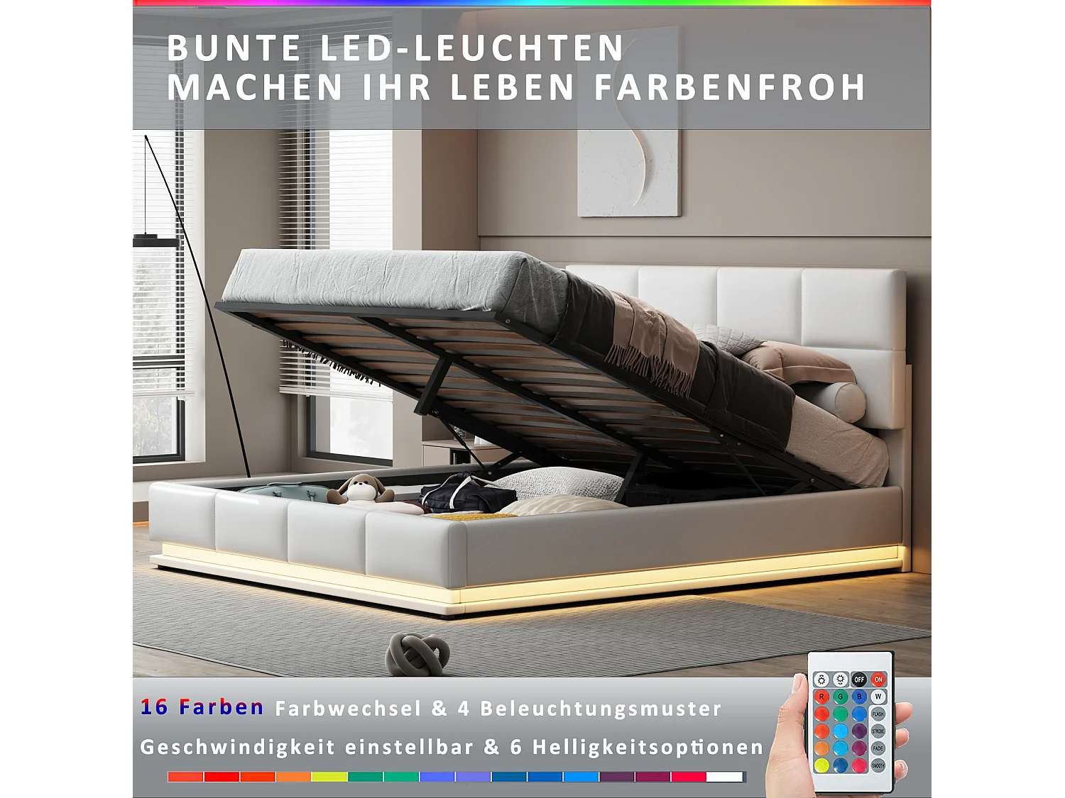 Opbergbed 180 x 200 cm met LED-verlichting - PU leer - Lattenbodem - Wit