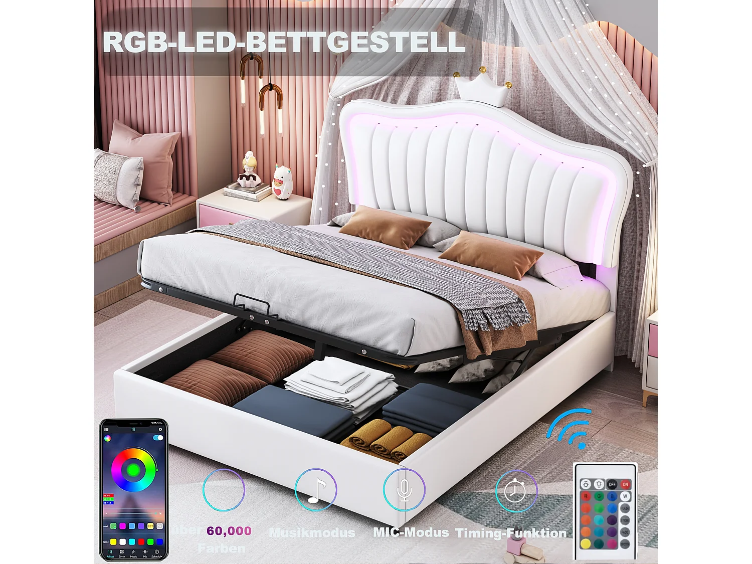 Opbergbed 140 x 200 cm gevoerd met PU-leer - LED's - Kroonvormig hoofdeinde - Lattenbodem - Wit