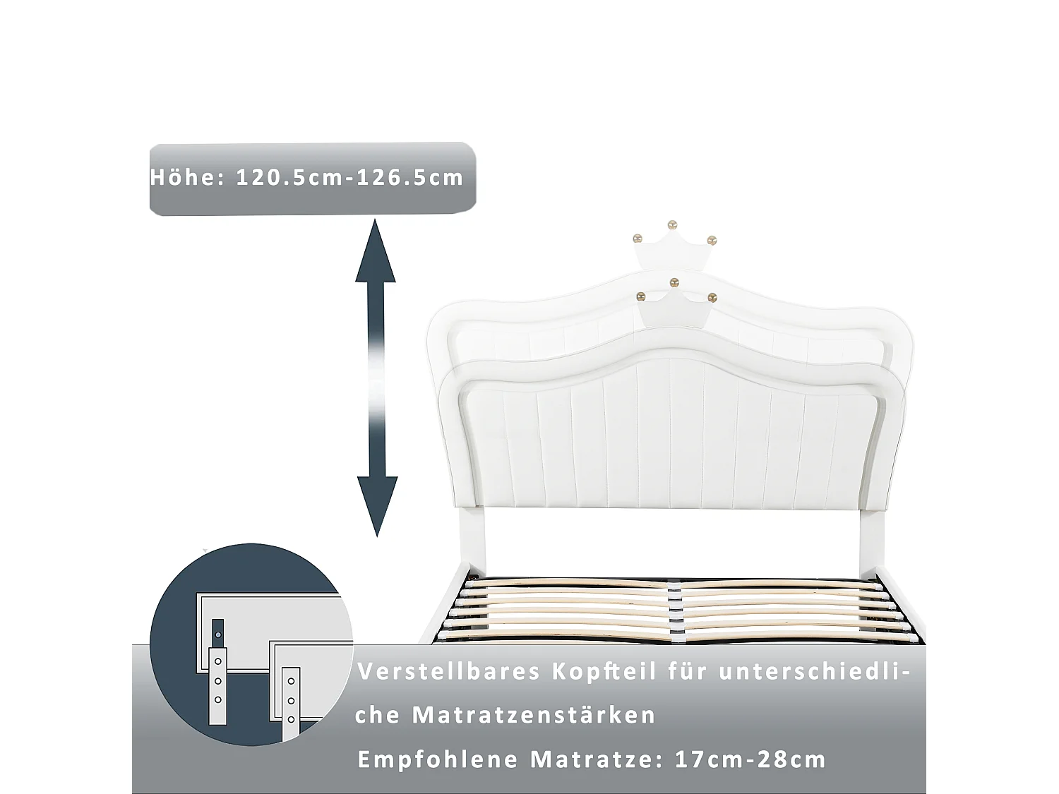 Opbergbed 140 x 200 cm gevoerd met PU-leer - LED's - Kroonvormig hoofdeinde - Lattenbodem - Wit