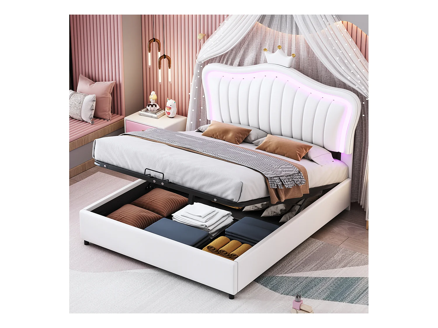 Lit coffre 140 x 200 cm rembourré en cuir PU - LEDs - Tête de lit en forme courronne - Sommier à lattes - Blanc