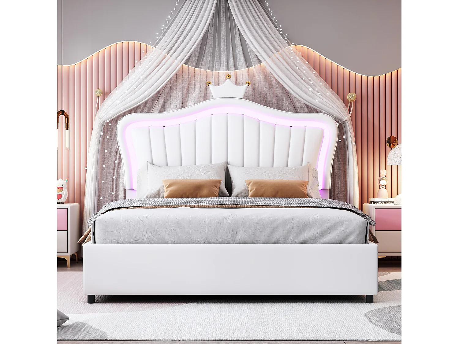 Lit coffre 140 x 200 cm rembourré en cuir PU - LEDs - Tête de lit en forme courronne - Sommier à lattes - Blanc