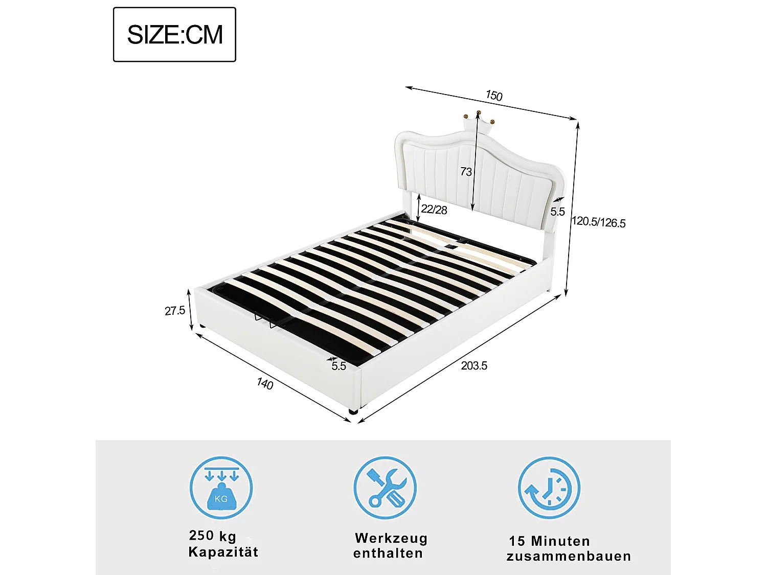 Lit coffre 140 x 200 cm rembourré en cuir PU - LEDs - Tête de lit en forme courronne - Sommier à lattes - Blanc