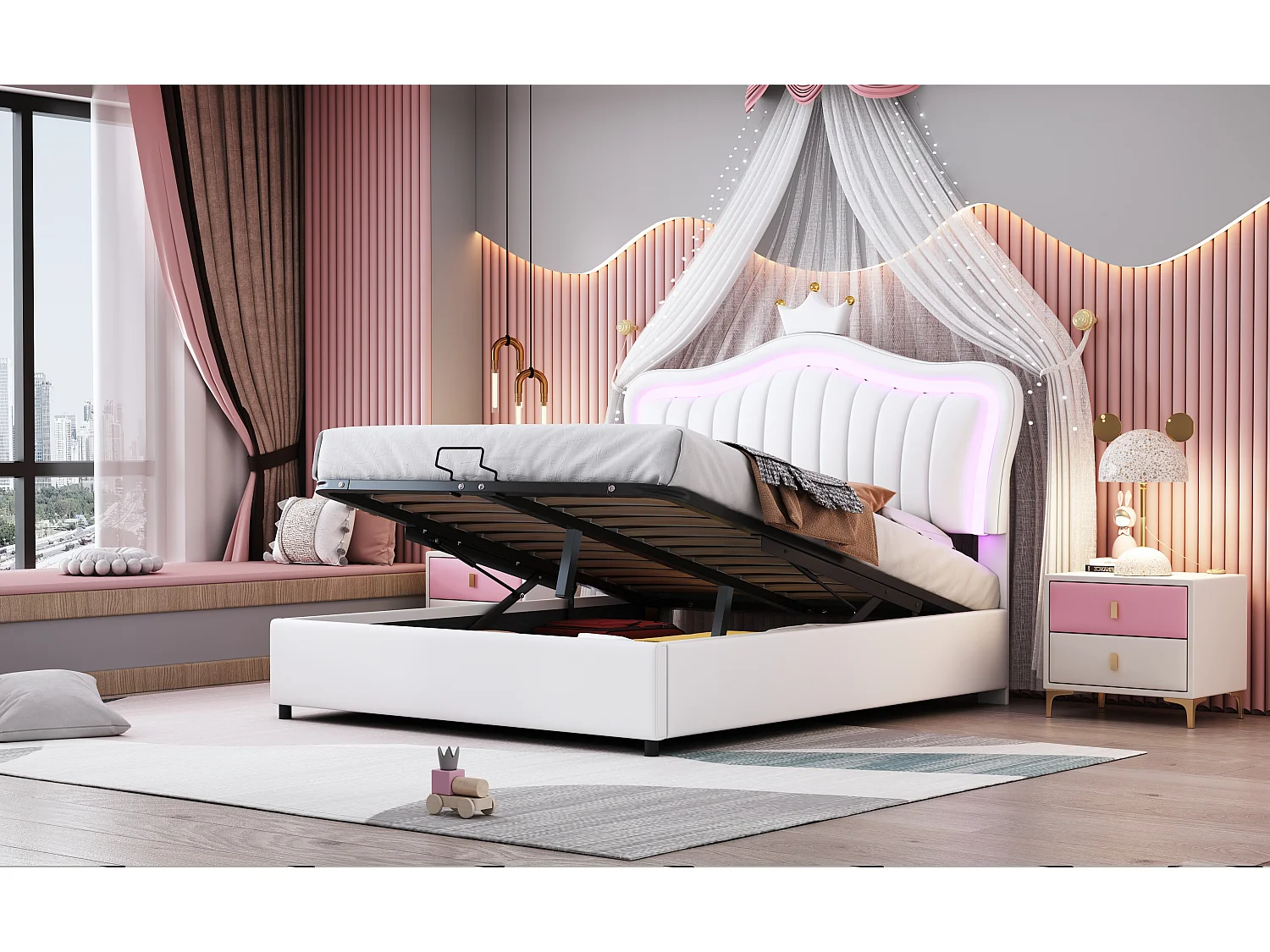 Lit coffre 140 x 200 cm rembourré en cuir PU - LEDs - Tête de lit en forme courronne - Sommier à lattes - Blanc