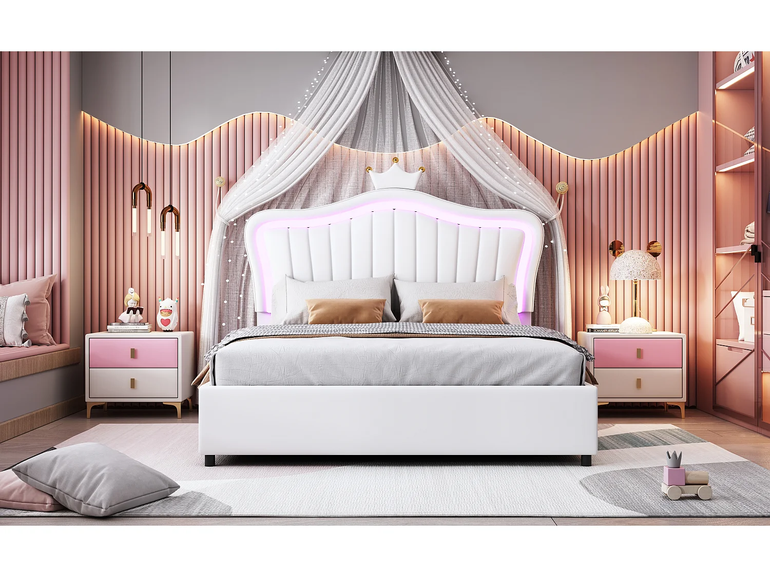 Lit coffre 140 x 200 cm rembourré en cuir PU - LEDs - Tête de lit en forme courronne - Sommier à lattes - Blanc