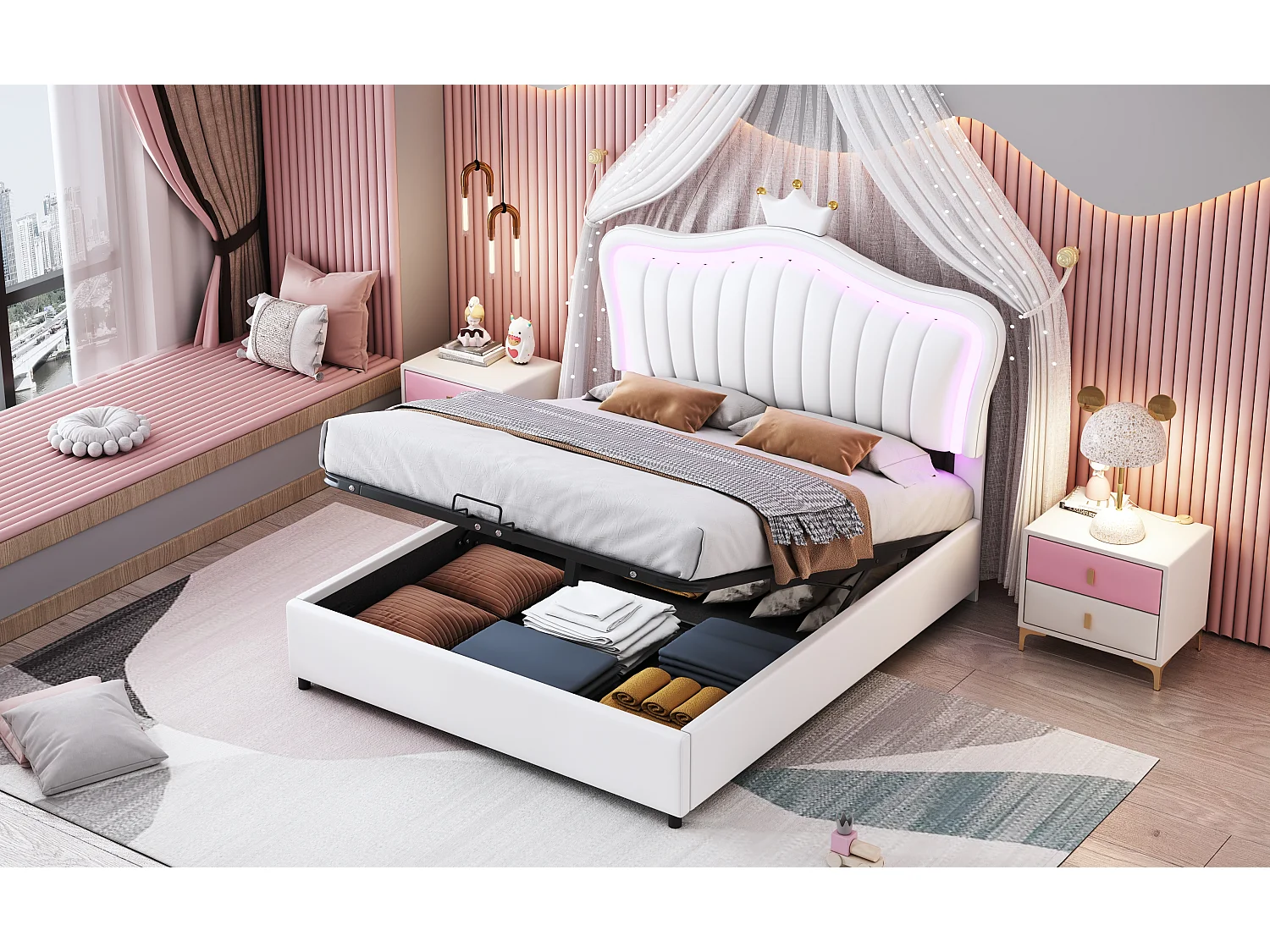 Lit coffre 140 x 200 cm rembourré en cuir PU - LEDs - Tête de lit en forme courronne - Sommier à lattes - Blanc