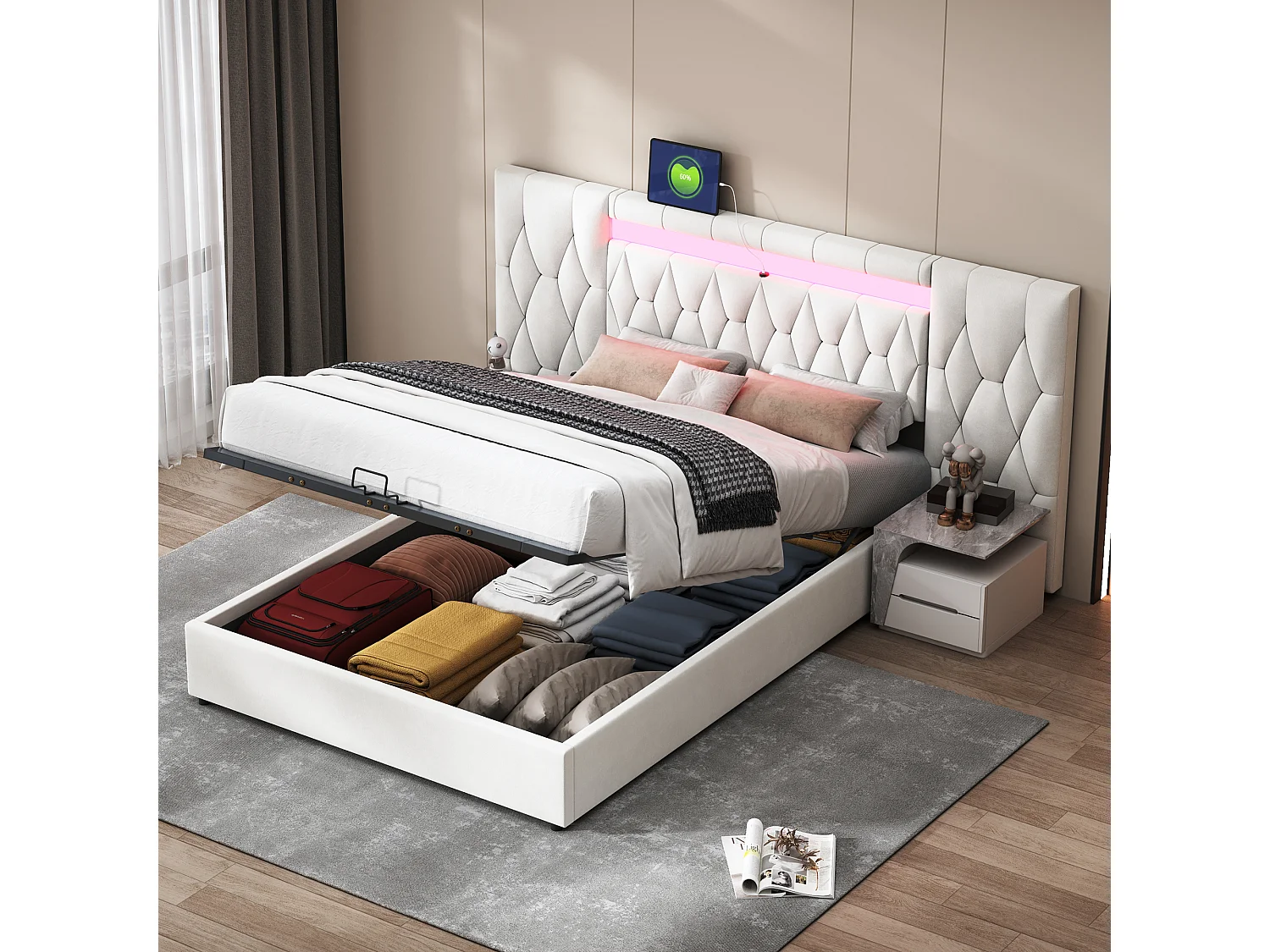 Lit capitonné élégant 140 x 200 cm avec grand dossier, rembourré en velours, avec prise LED et USB, beige