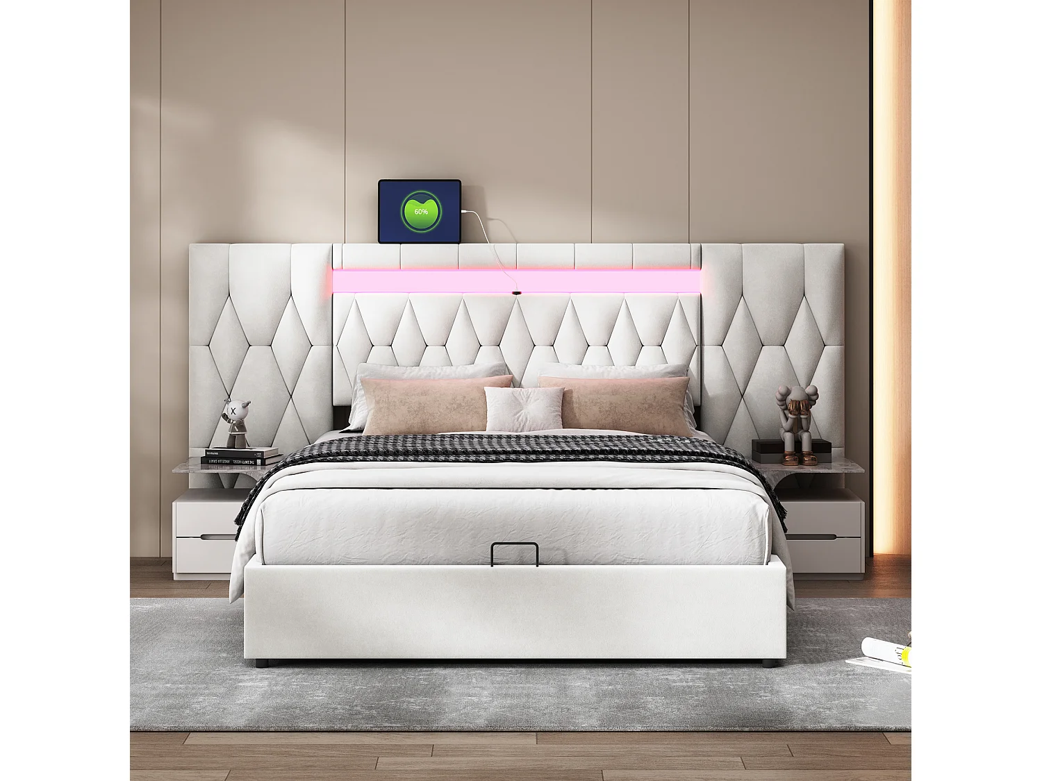 Lit capitonné élégant 140 x 200 cm avec grand dossier, rembourré en velours, avec prise LED et USB, beige