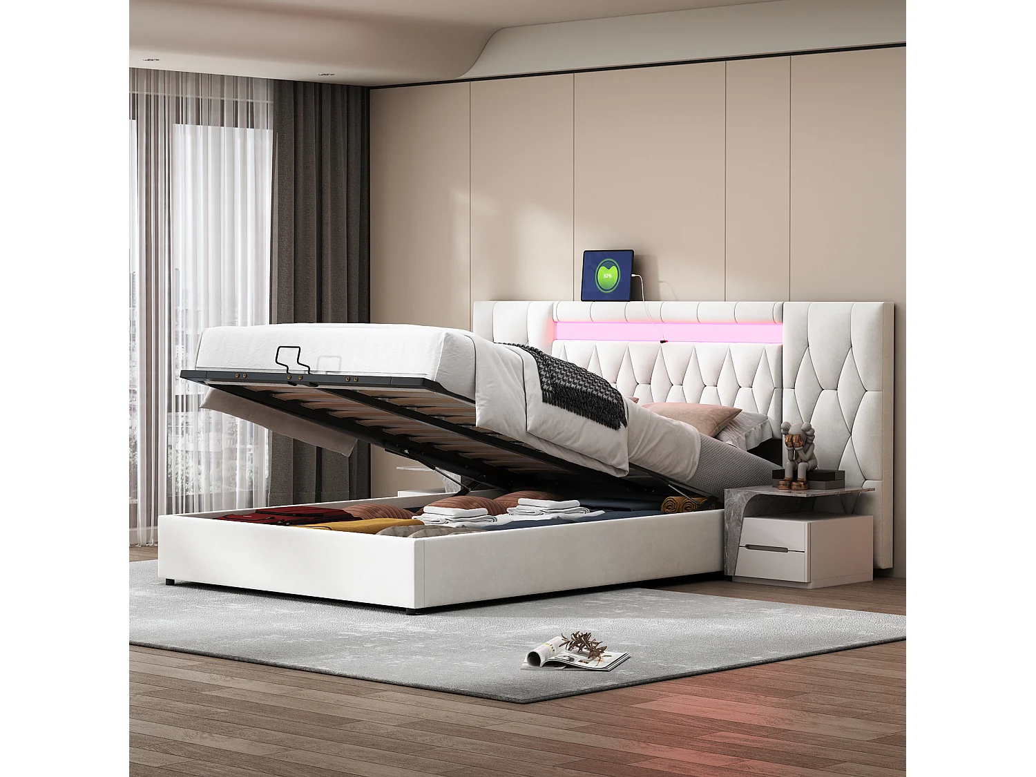 Lit capitonné élégant 140 x 200 cm avec grand dossier, rembourré en velours, avec prise LED et USB, beige