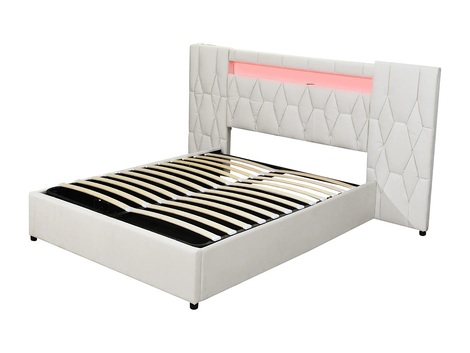 Lit capitonné élégant 140 x 200 cm avec grand dossier, rembourré en velours, avec prise LED et USB, beige