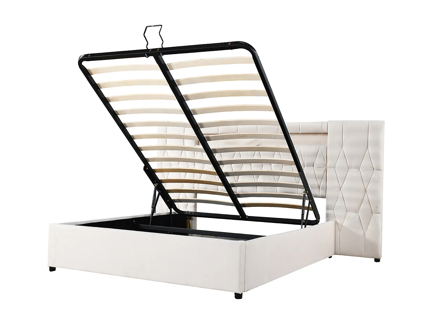 Lit capitonné élégant 140 x 200 cm avec grand dossier, rembourré en velours, avec prise LED et USB, beige