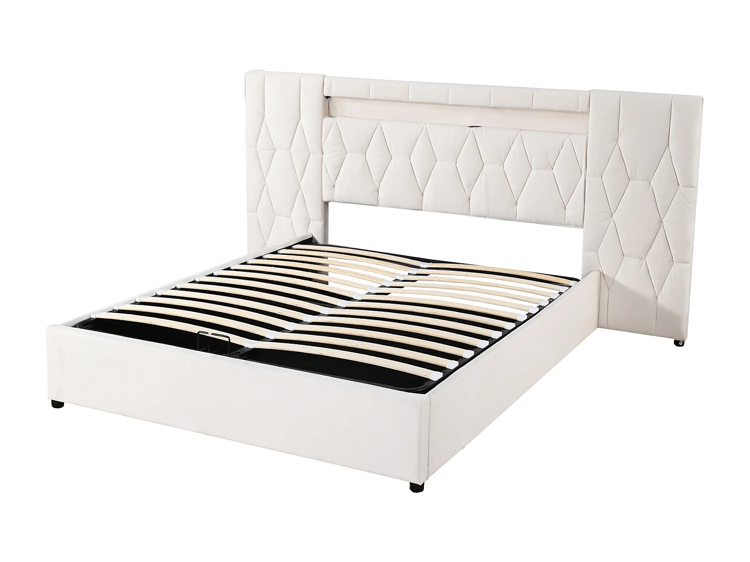 Lit capitonné élégant 140 x 200 cm avec grand dossier, rembourré en velours, avec prise LED et USB, beige