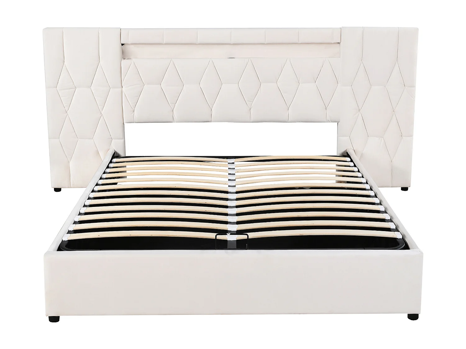 Lit capitonné élégant 140 x 200 cm avec grand dossier, rembourré en velours, avec prise LED et USB, beige