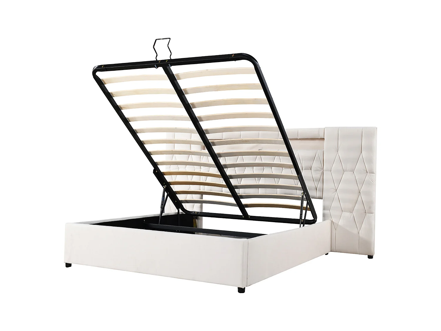 Elegant gestoffeerd bed 140 x 200 cm met grote rugleuning, bekleed met fluweel, met LED en USB-aansluiting, beige