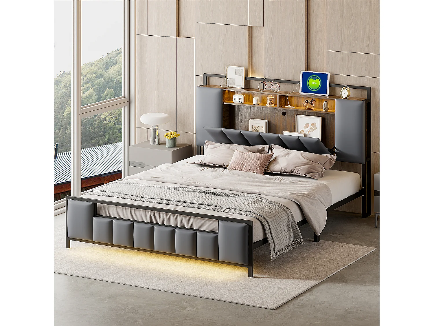 Polsterbett 160 x 200 cm mit Stauraum-Kopfteil – LEDs + USB-Buchse – Metall und Kunstleder – Grau