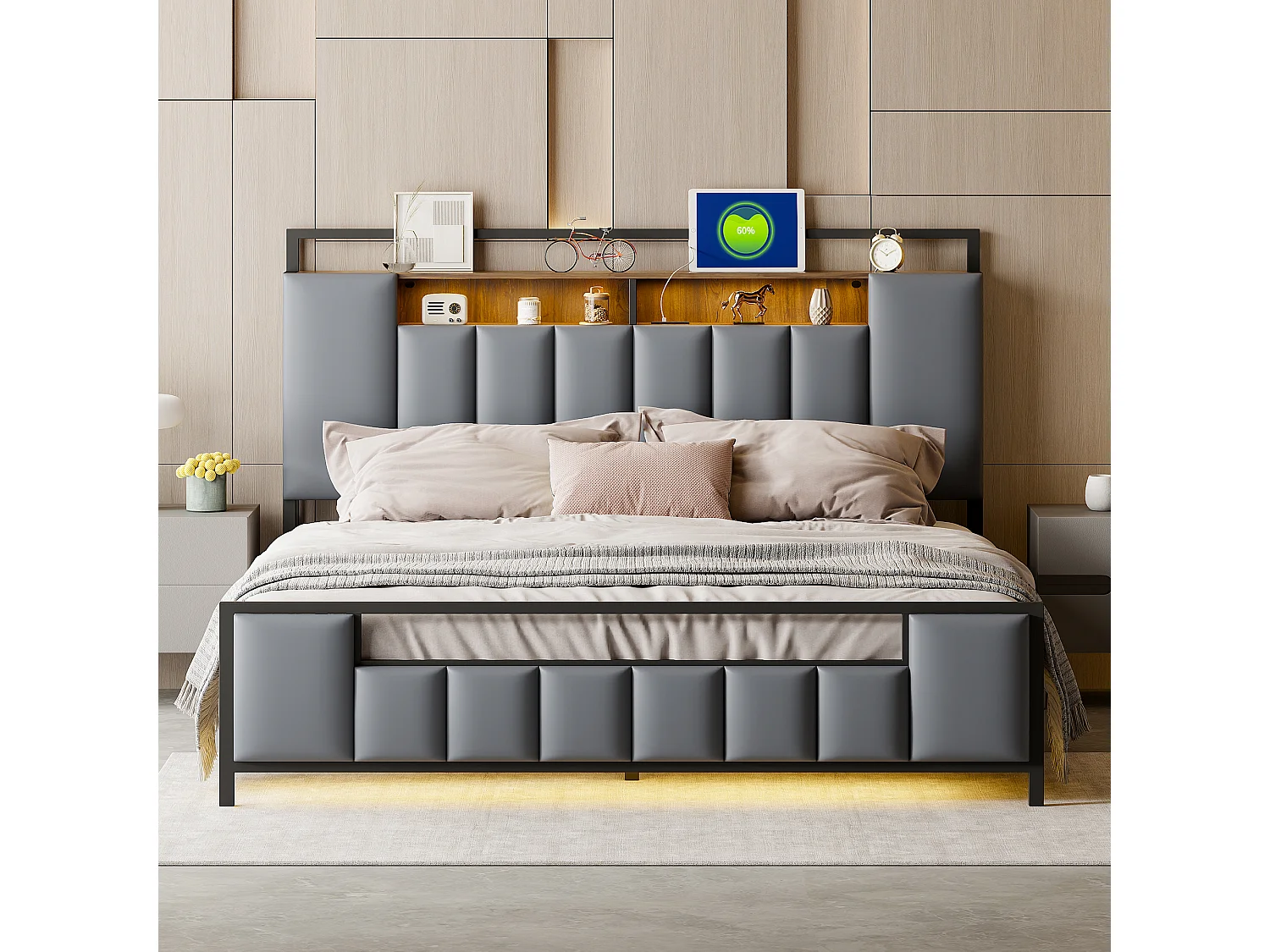 Polsterbett 160 x 200 cm mit Stauraum-Kopfteil – LEDs + USB-Buchse – Metall und Kunstleder – Grau