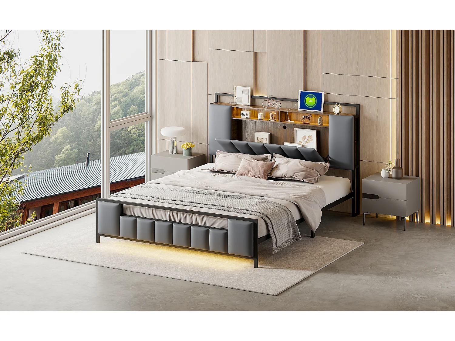 Polsterbett 160 x 200 cm mit Stauraum-Kopfteil – LEDs + USB-Buchse – Metall und Kunstleder – Grau