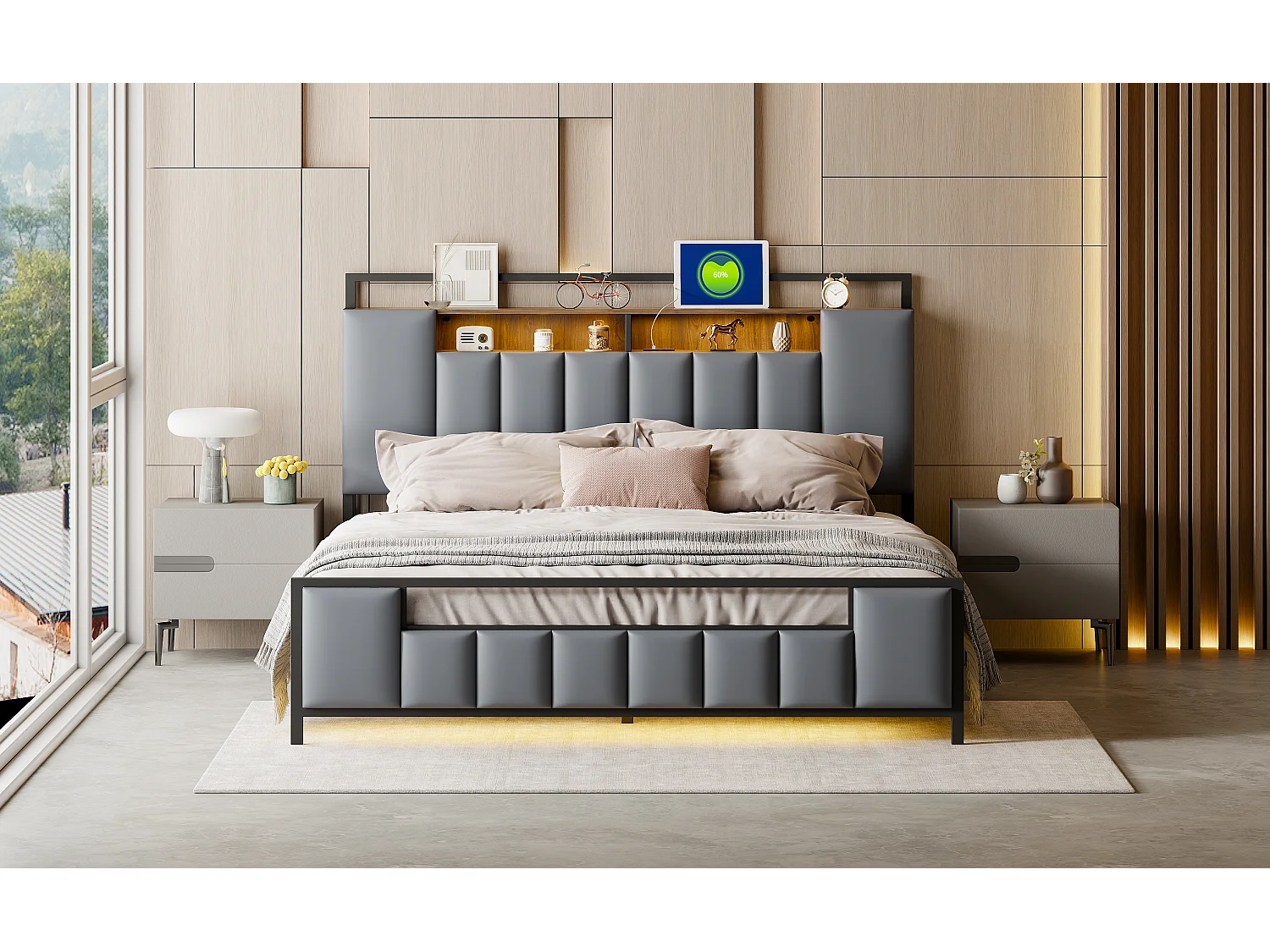 Polsterbett 160 x 200 cm mit Stauraum-Kopfteil – LEDs + USB-Buchse – Metall und Kunstleder – Grau