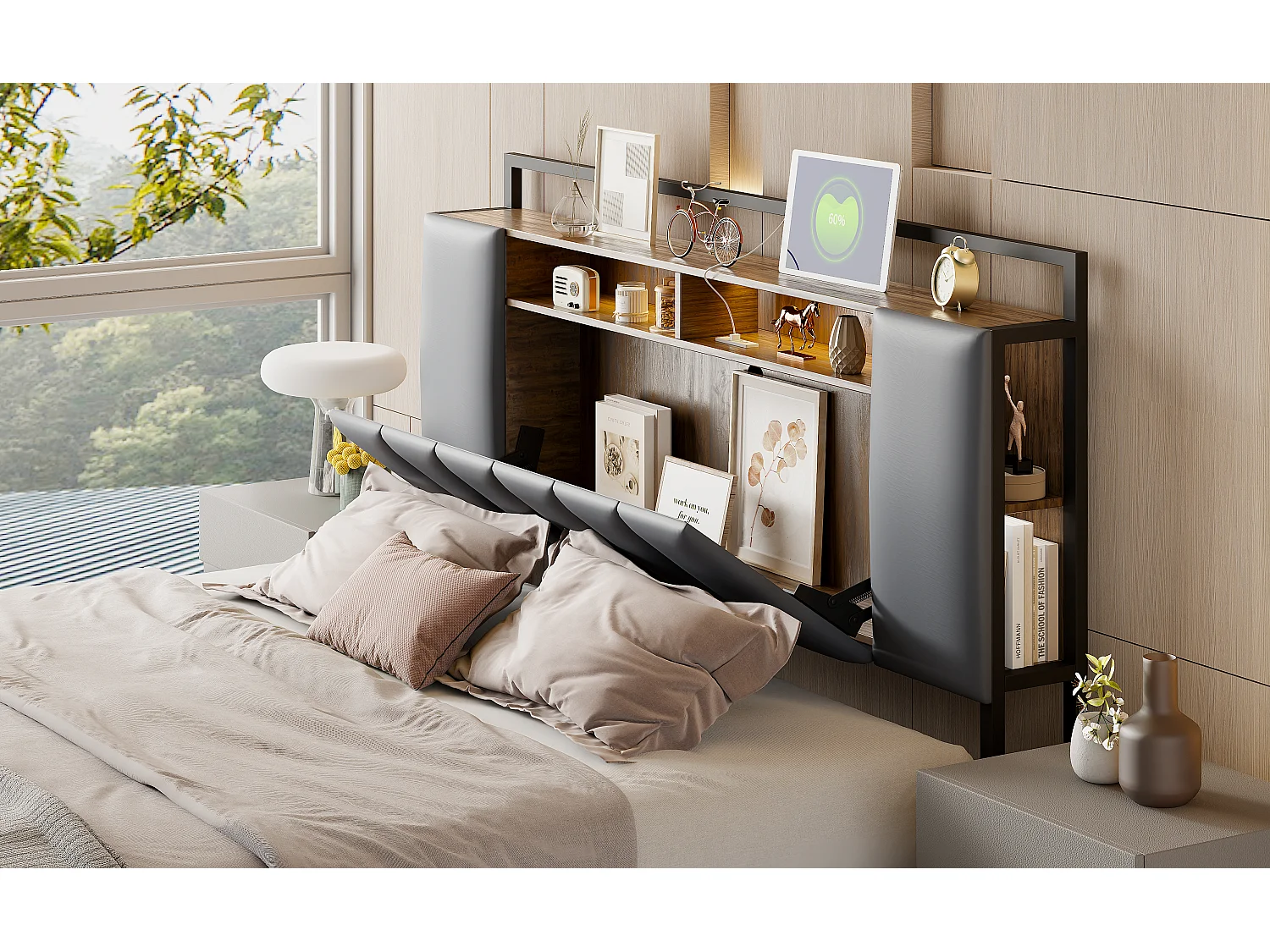 Polsterbett 160 x 200 cm mit Stauraum-Kopfteil – LEDs + USB-Buchse – Metall und Kunstleder – Grau