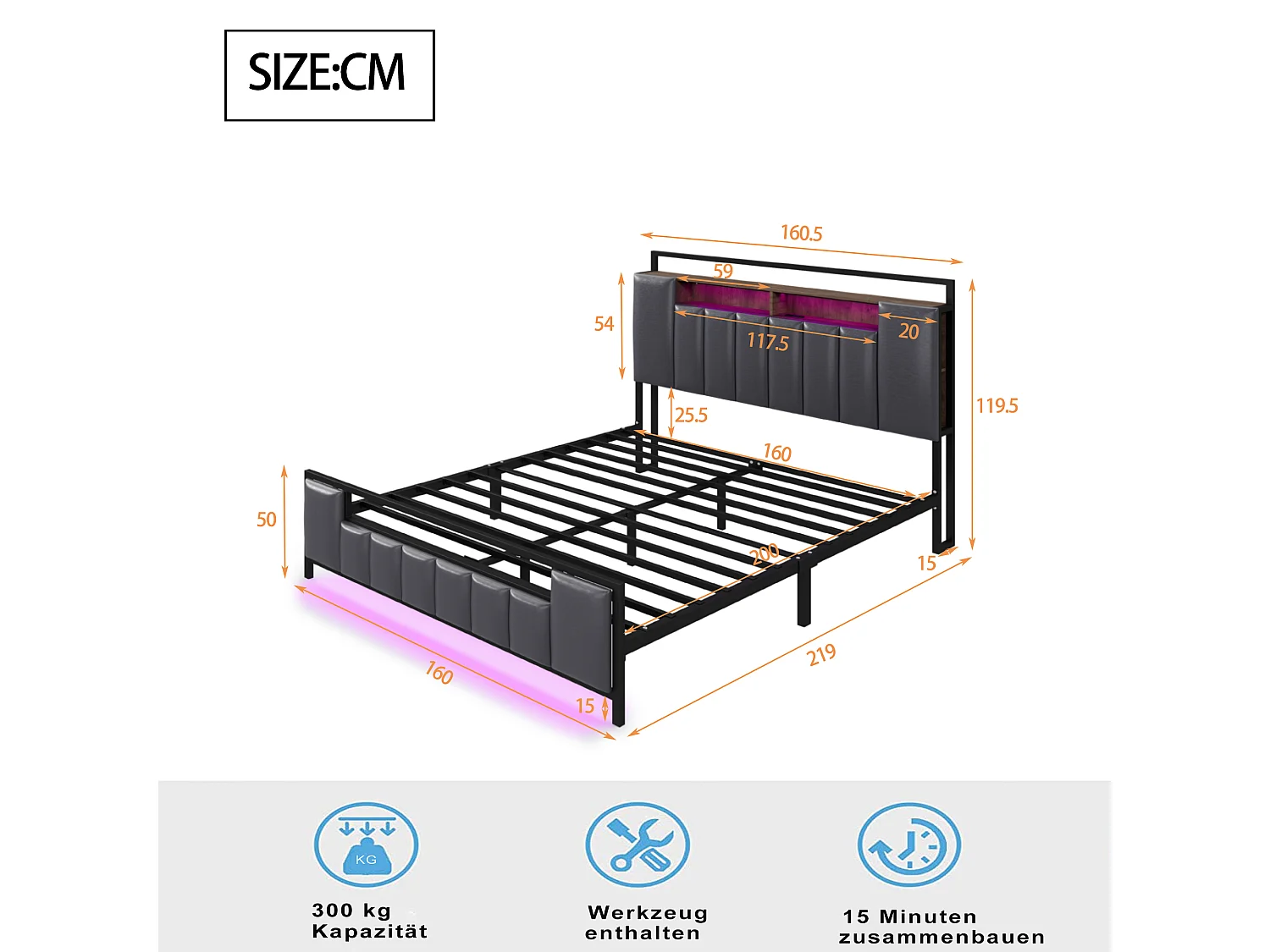 Polsterbett 160 x 200 cm mit Stauraum-Kopfteil – LEDs + USB-Buchse – Metall und Kunstleder – Grau
