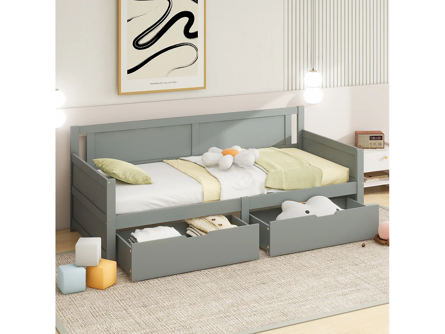 Cama individual 90 x 200 cm con 2 cajones de madera maciza para niños - somier - gris