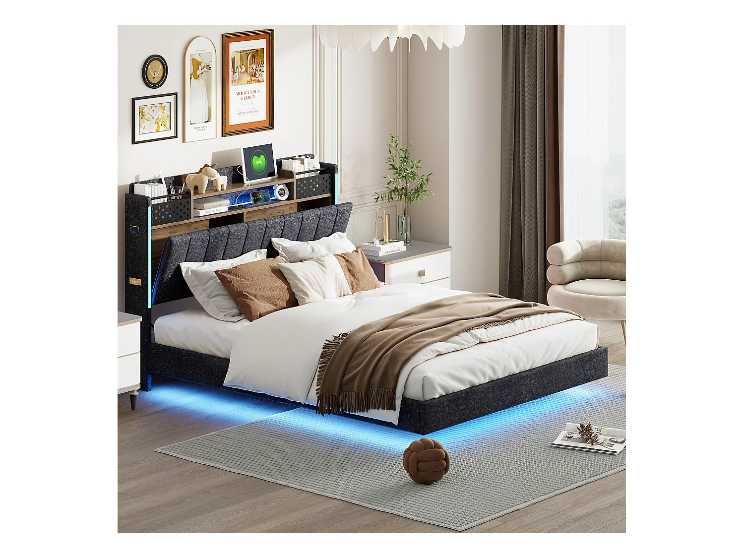 Polsterbett 140 x 200 cm mit Stauraum-Kopfteil – LED-Beleuchtung und USB-Buchse – Leinenstoff – Grau