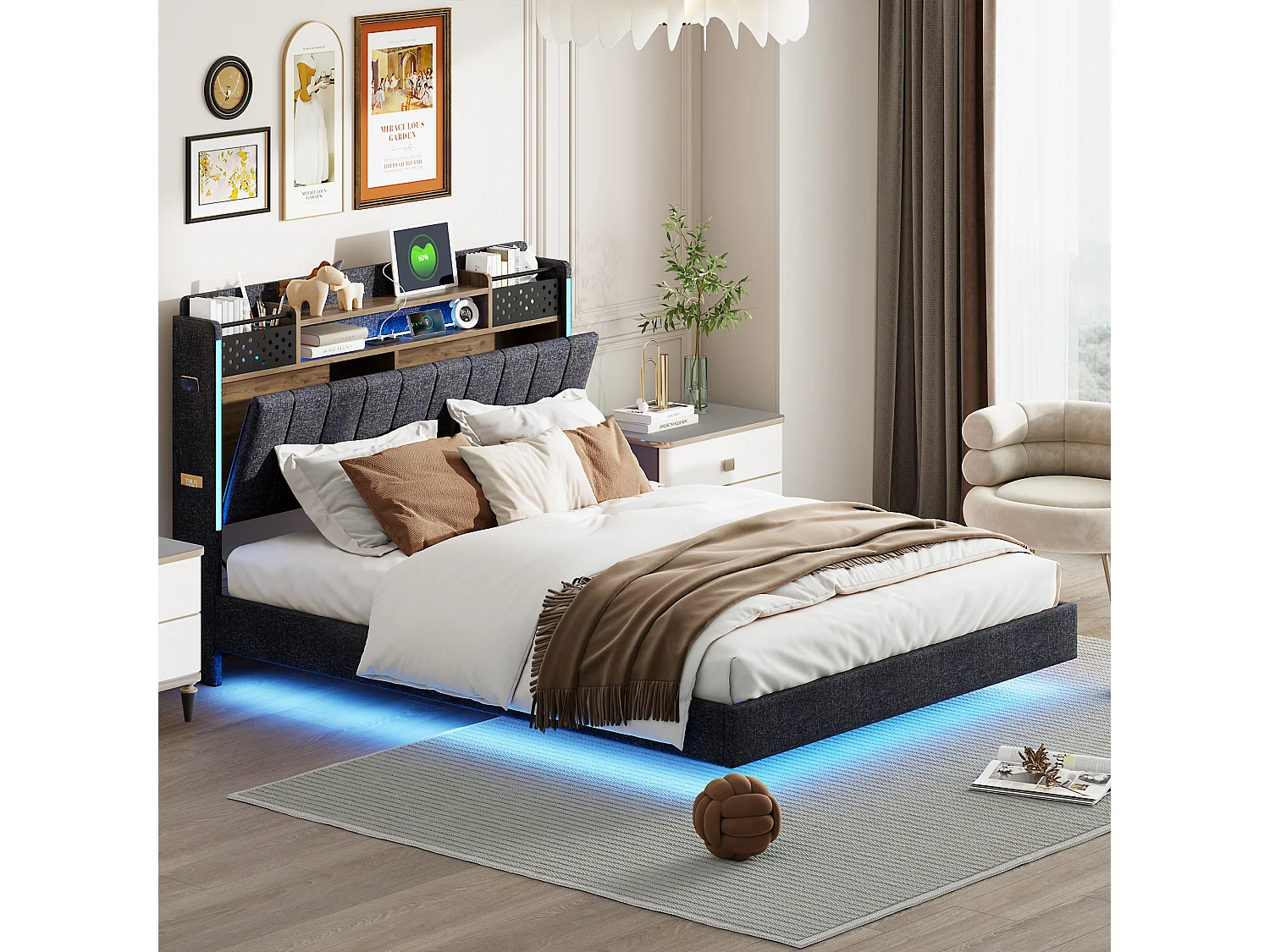 Polsterbett 140 x 200 cm mit Stauraum-Kopfteil – LED-Beleuchtung und USB-Buchse – Leinenstoff – Grau