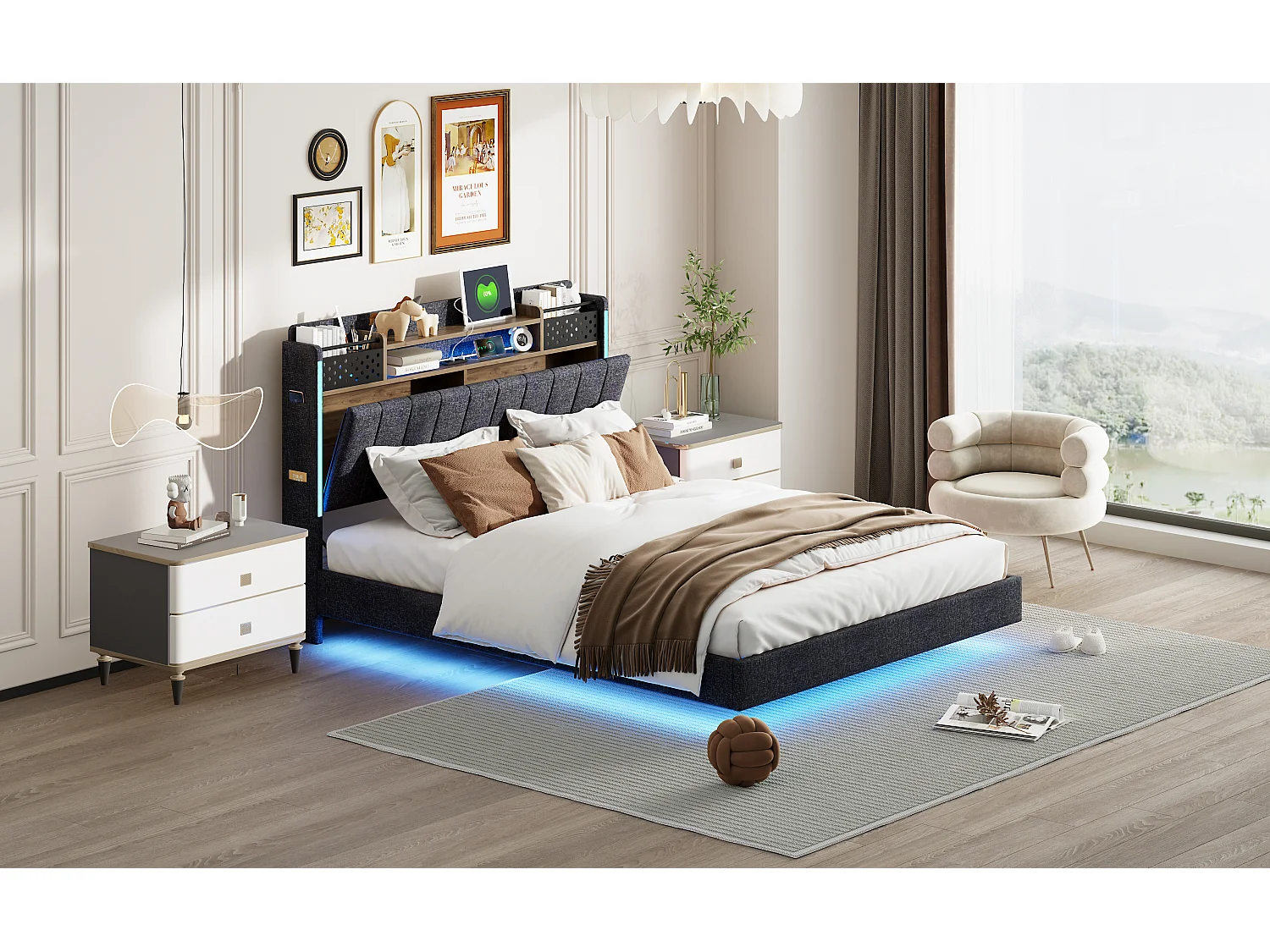 Polsterbett 140 x 200 cm mit Stauraum-Kopfteil – LED-Beleuchtung und USB-Buchse – Leinenstoff – Grau