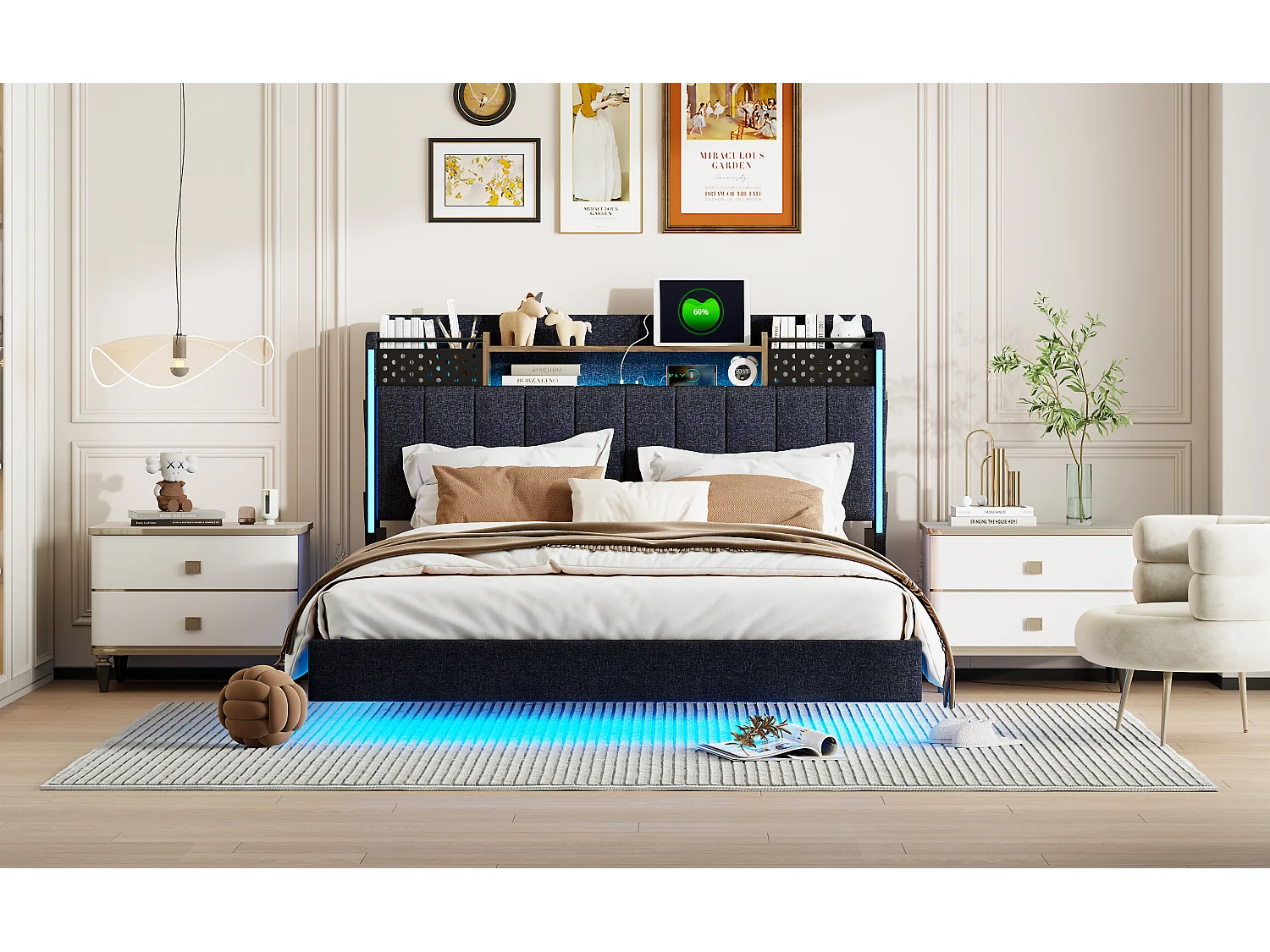 Polsterbett 140 x 200 cm mit Stauraum-Kopfteil – LED-Beleuchtung und USB-Buchse – Leinenstoff – Grau