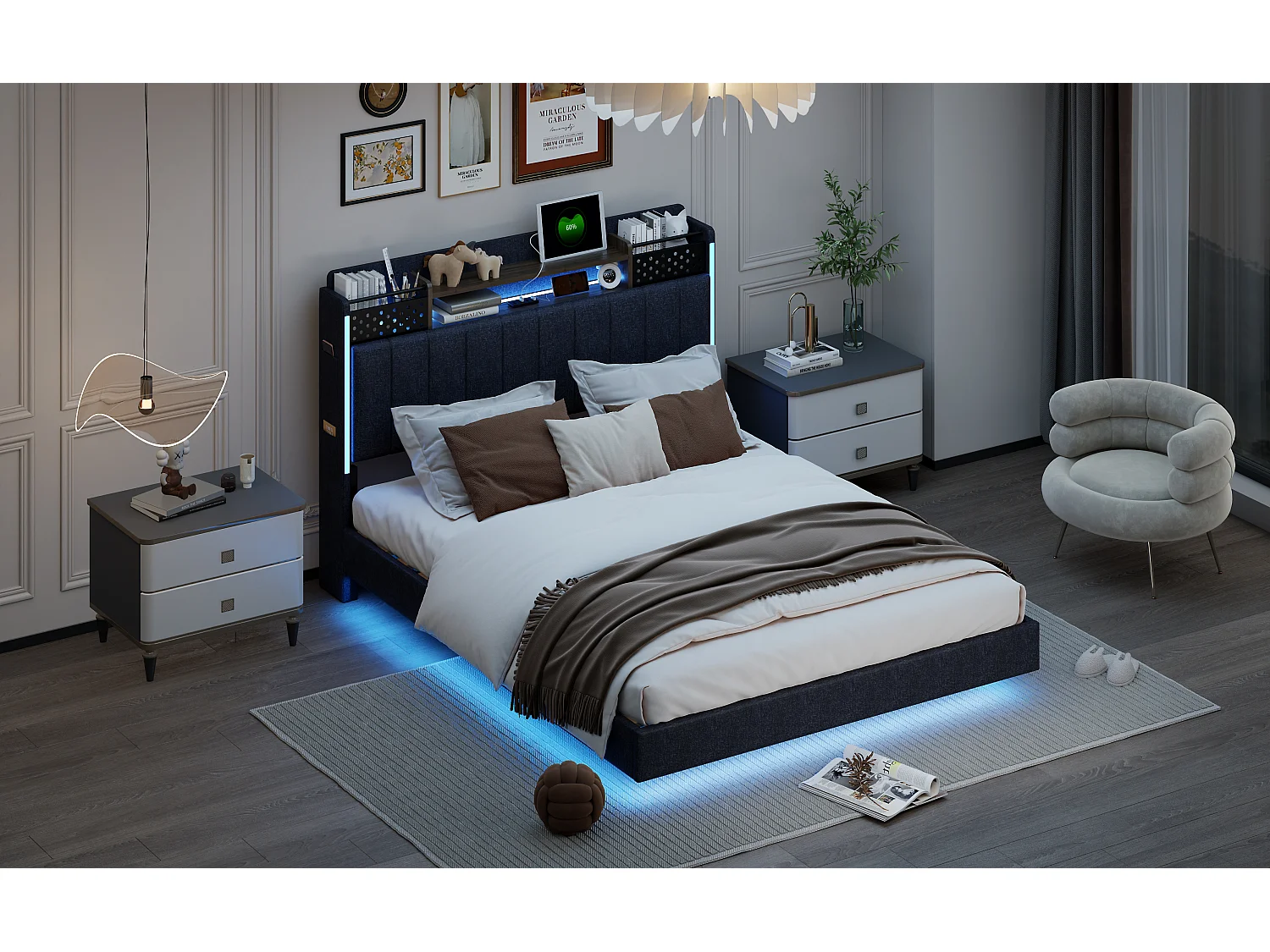 Polsterbett 140 x 200 cm mit Stauraum-Kopfteil – LED-Beleuchtung und USB-Buchse – Leinenstoff – Grau