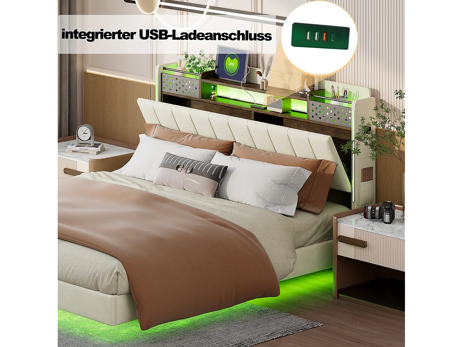 Polsterbett 140 x 200 cm mit Stauraum-Kopfteil – LED-Beleuchtung und USB-Buchse – Leinenstoff – Beige