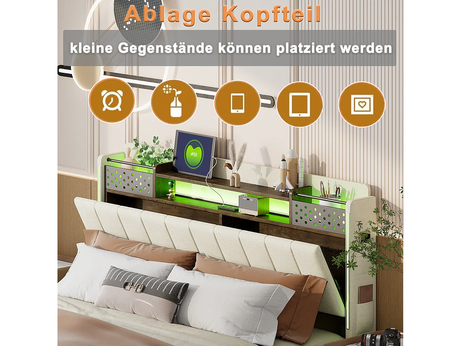 Polsterbett 140 x 200 cm mit Stauraum-Kopfteil – LED-Beleuchtung und USB-Buchse – Leinenstoff – Beige