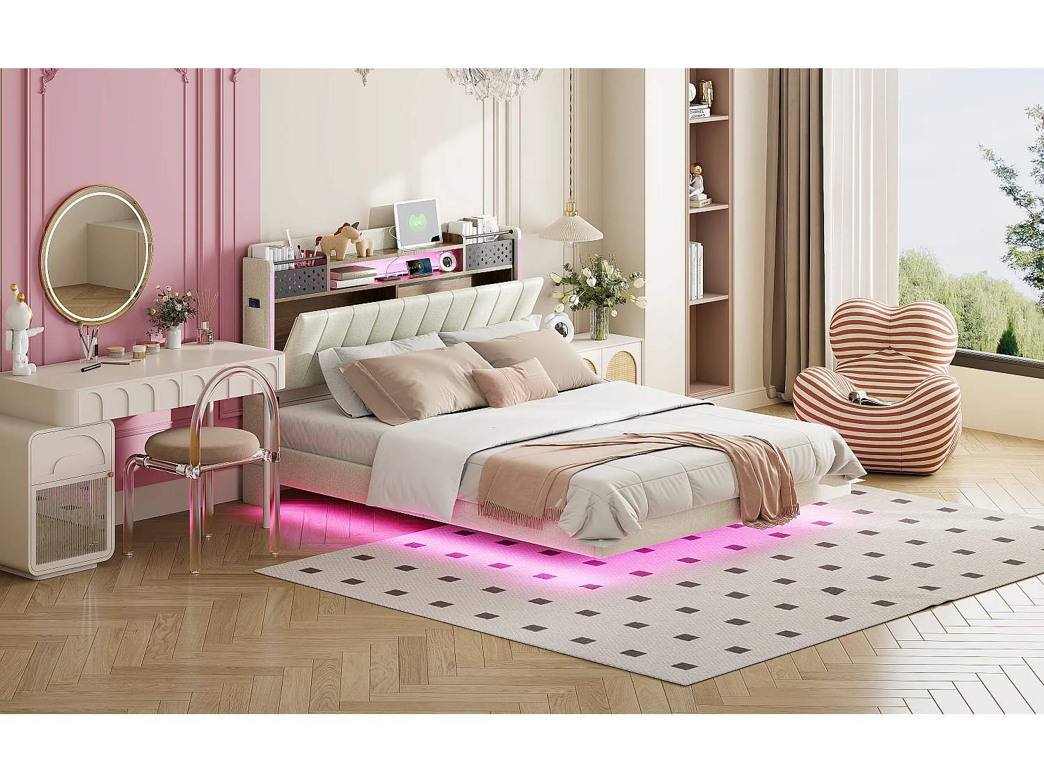 Polsterbett 140 x 200 cm mit Stauraum-Kopfteil – LED-Beleuchtung und USB-Buchse – Leinenstoff – Beige