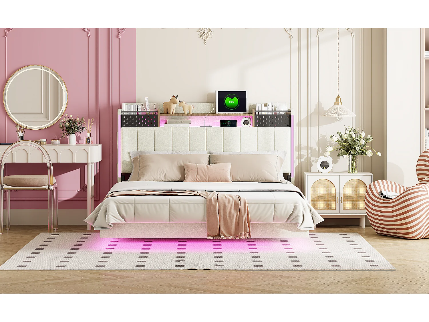 Polsterbett 140 x 200 cm mit Stauraum-Kopfteil – LED-Beleuchtung und USB-Buchse – Leinenstoff – Beige