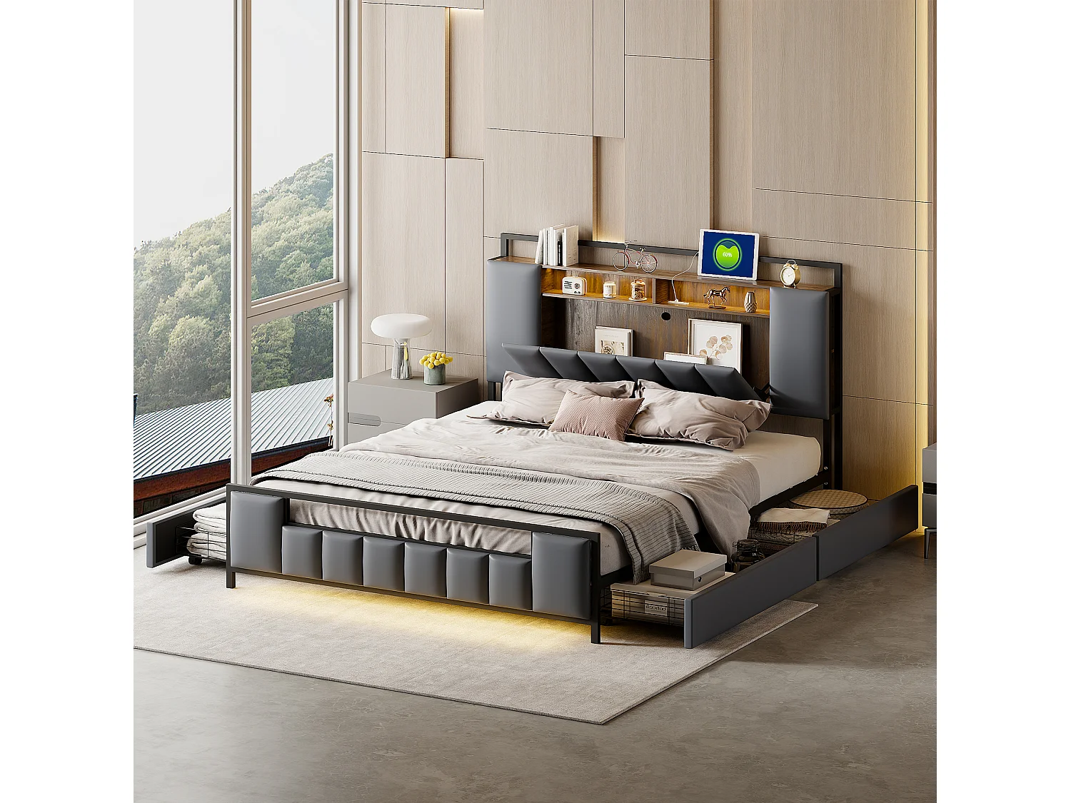 Gestoffeerd bed 160 x 200 cm met 4 lades - LED's + USB-aansluiting - Metaal en kunstleer - Grijs