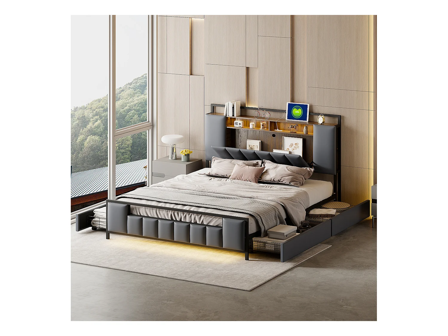 Lit capitonné 160 x 200 cm avec 4 tiroirs - LEDs + prise USB - Métal et simili cuir - Gris