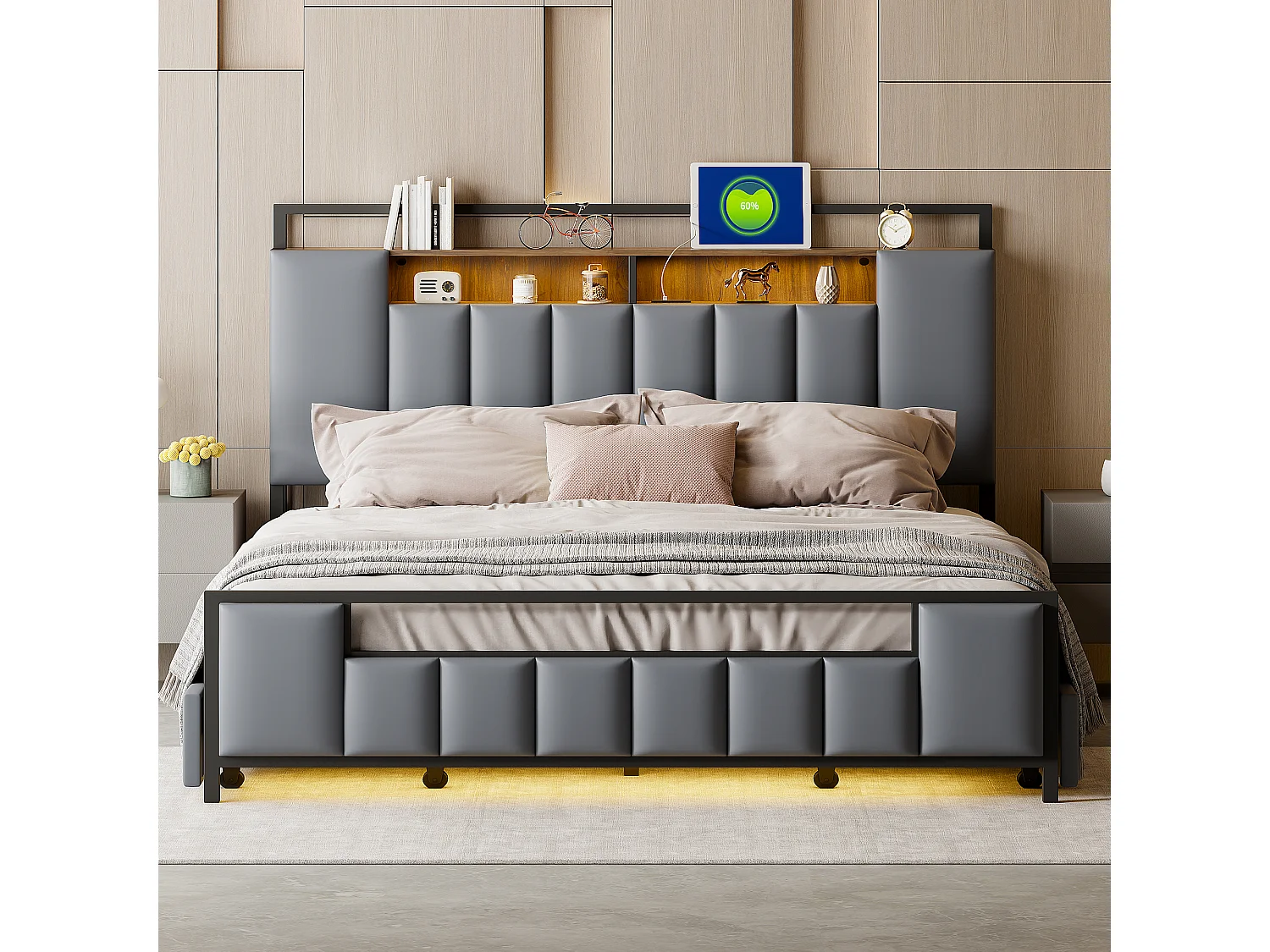 Lit capitonné 160 x 200 cm avec 4 tiroirs - LEDs + prise USB - Métal et simili cuir - Gris