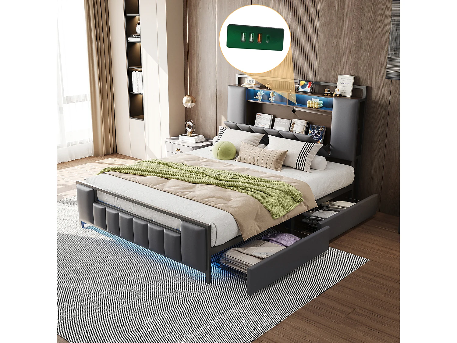 Lit capitonné 160 x 200 cm avec 4 tiroirs - LEDs + prise USB - Métal et simili cuir - Gris