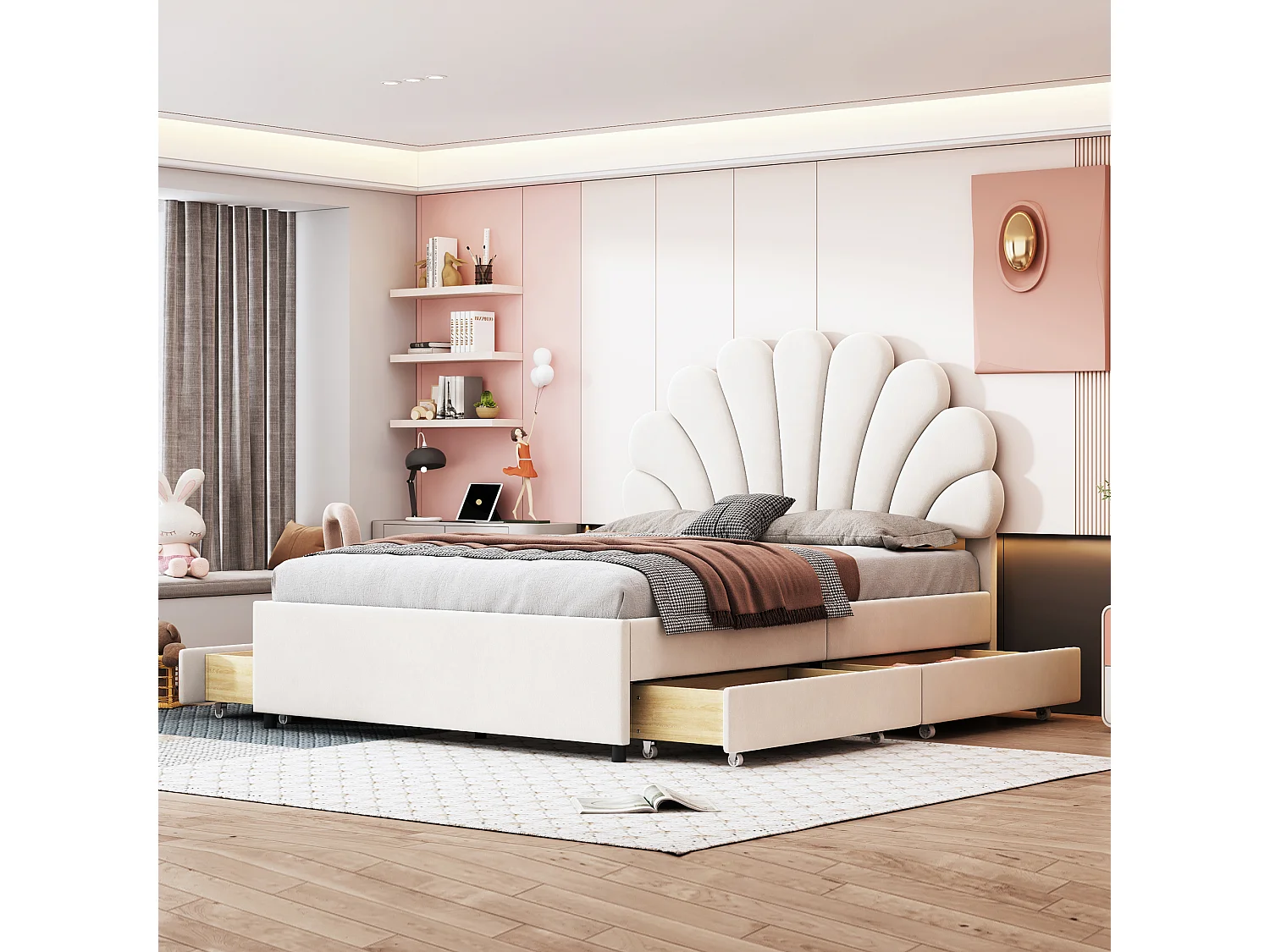 Fluweel gestoffeerd bed 140 x 200 cm met 4 laden - bloemvormig hoofdeinde - beige