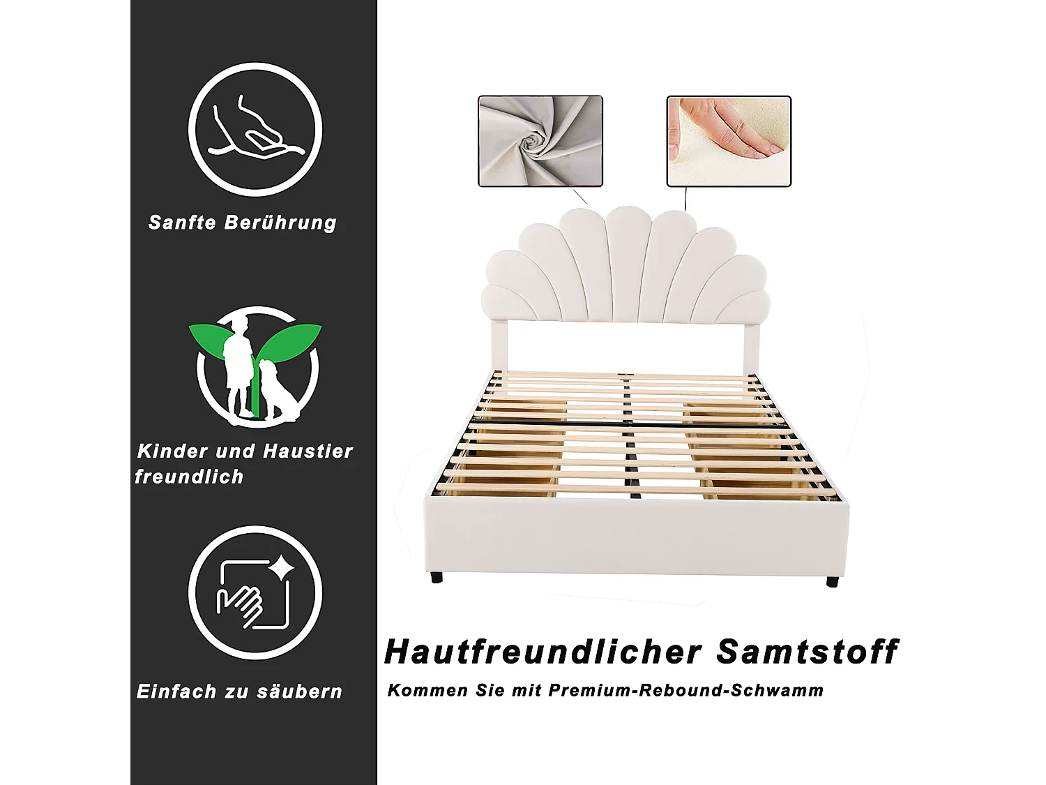 Fluweel gestoffeerd bed 140 x 200 cm met 4 laden - bloemvormig hoofdeinde - beige