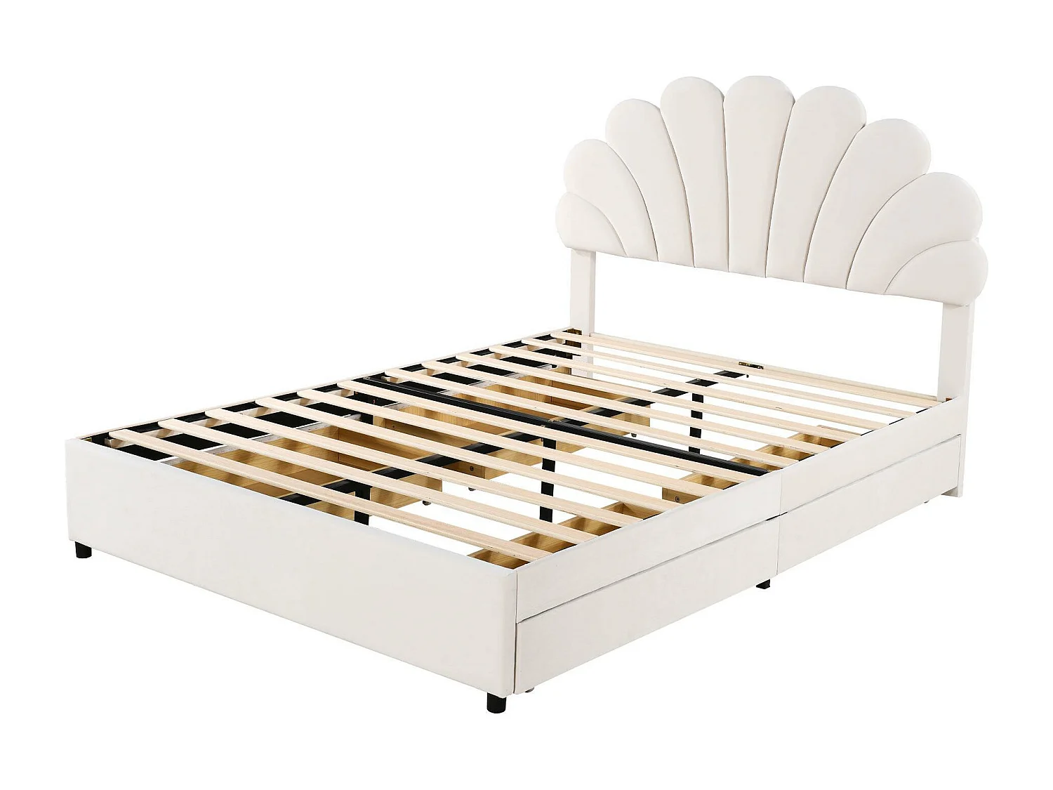 Fluweel gestoffeerd bed 140 x 200 cm met 4 laden - bloemvormig hoofdeinde - beige