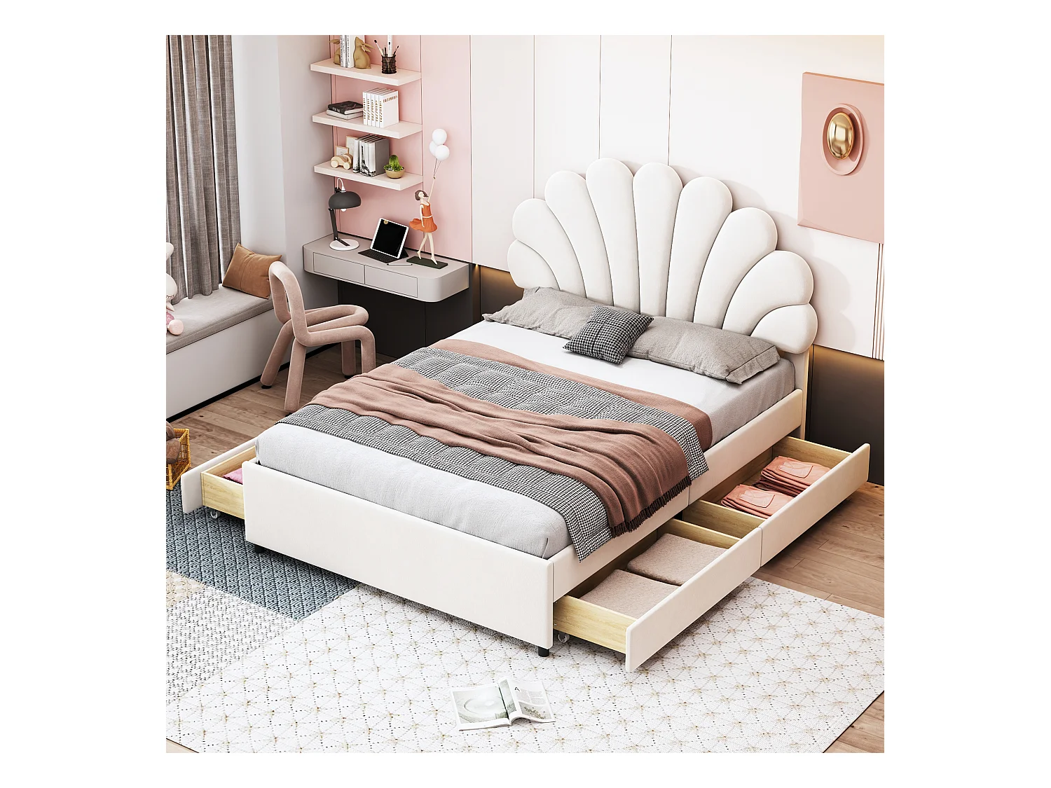 Lit rembourré en velours 140 x 200 cm avec 4 tiroirs -  tête de lit en forme de fleur - beige
