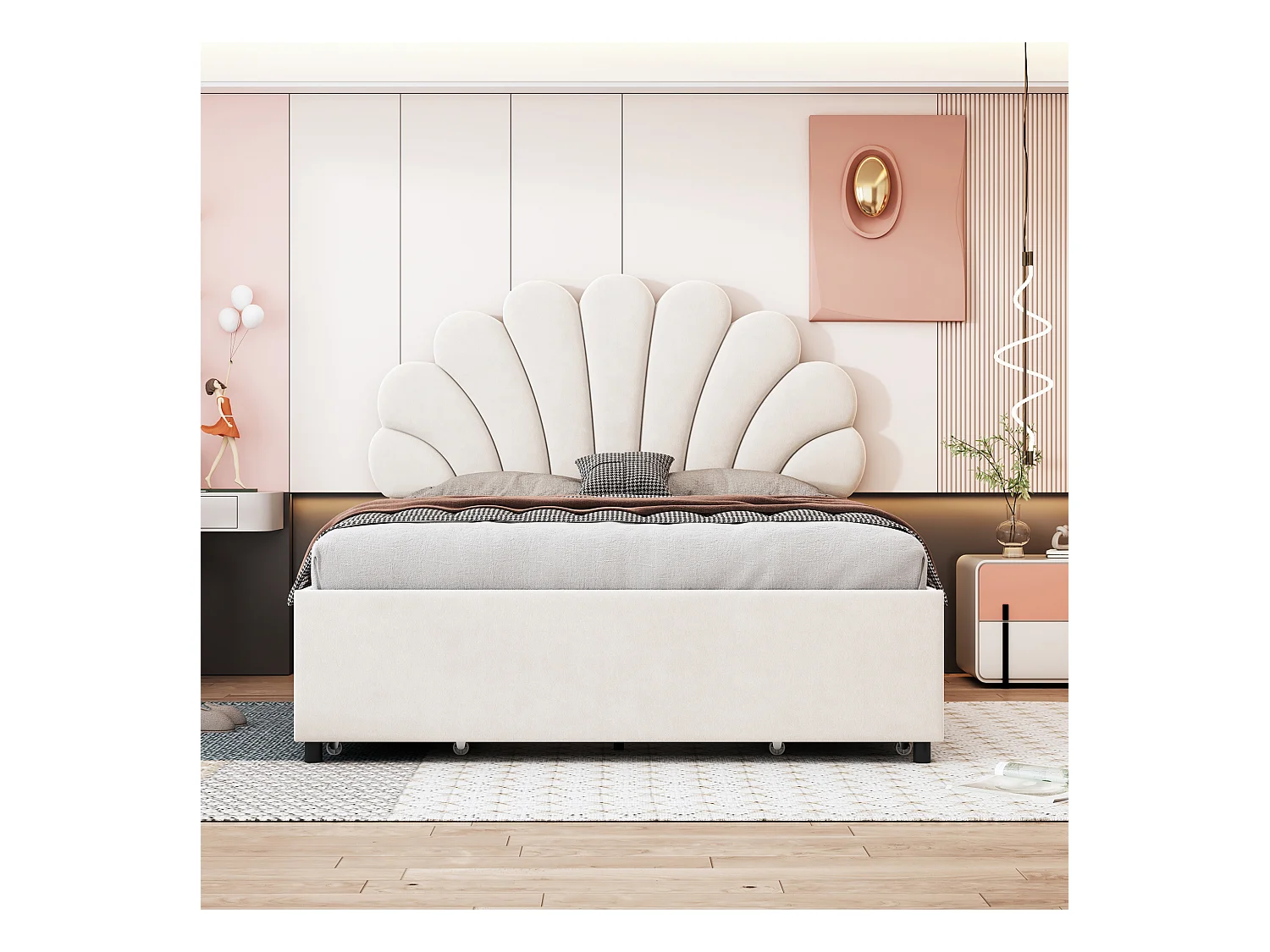 Fluweel gestoffeerd bed 140 x 200 cm met 4 laden - bloemvormig hoofdeinde - beige