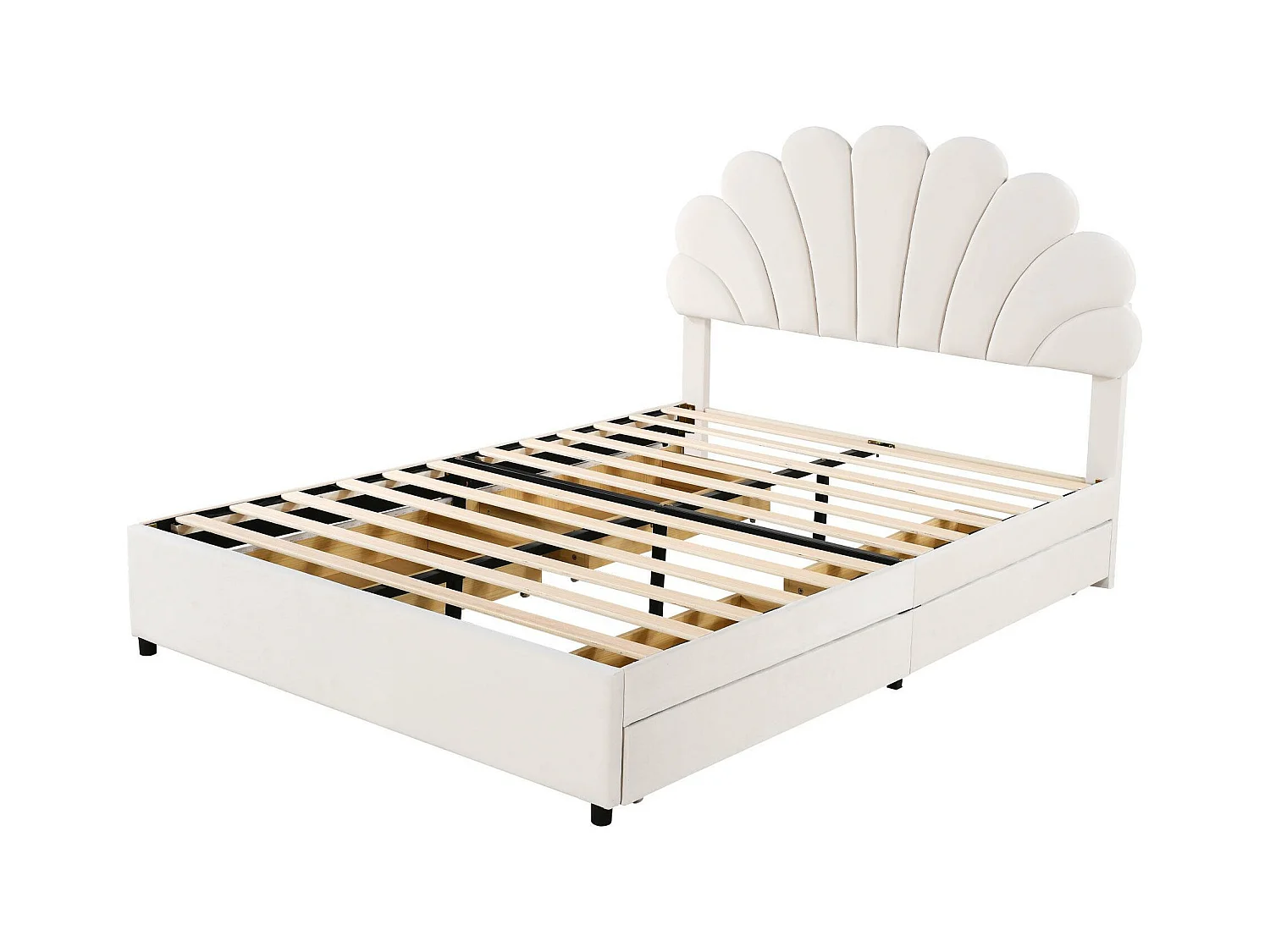 Fluweel gestoffeerd bed 140 x 200 cm met 4 laden - bloemvormig hoofdeinde - beige