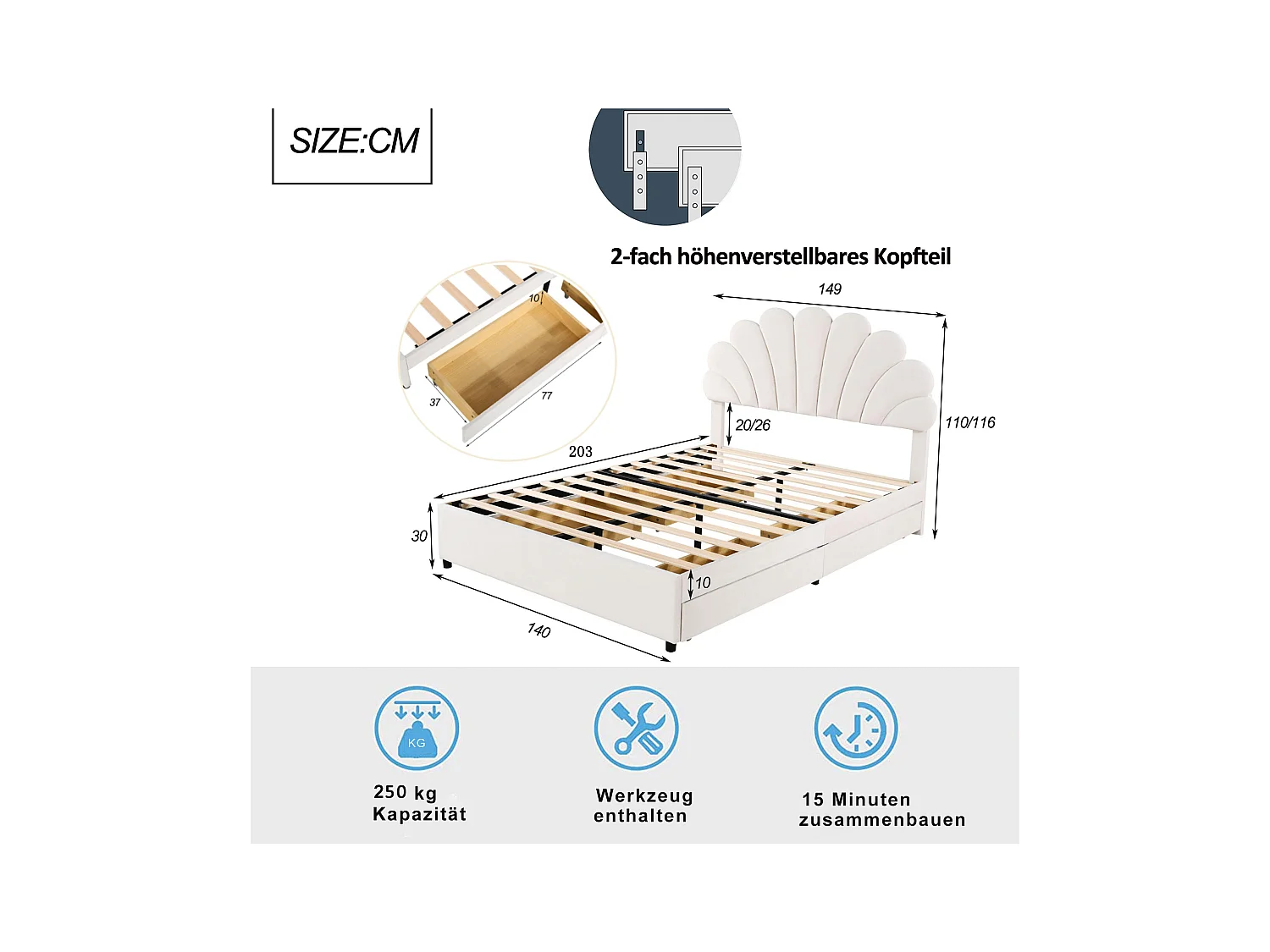 Fluweel gestoffeerd bed 140 x 200 cm met 4 laden - bloemvormig hoofdeinde - beige