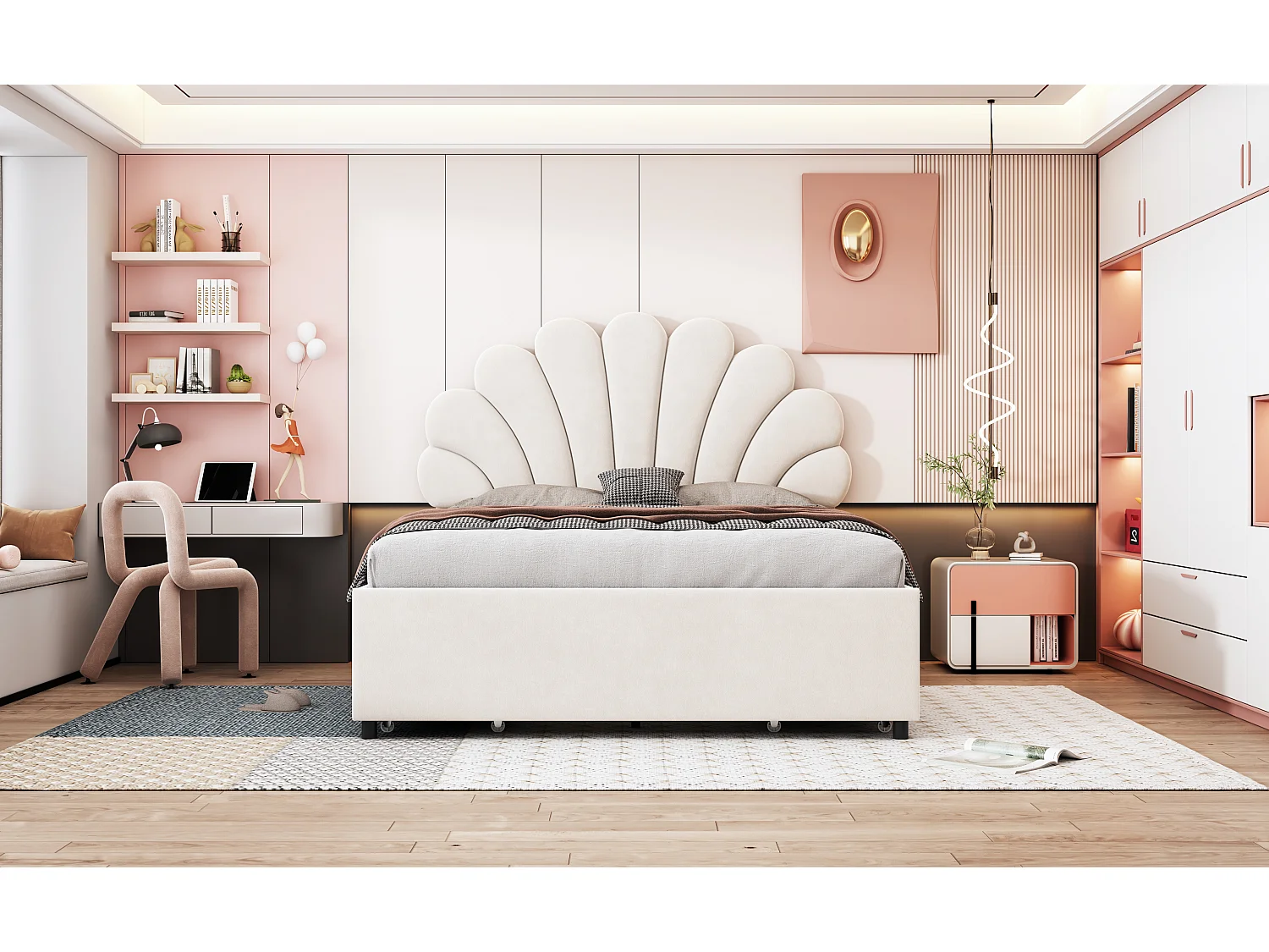 Lit rembourré en velours 140 x 200 cm avec 4 tiroirs -  tête de lit en forme de fleur - beige