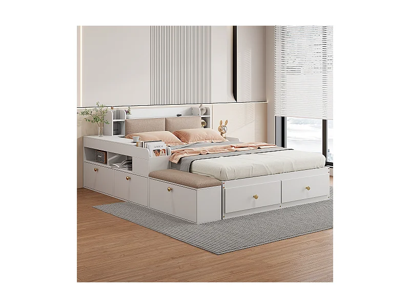 Łóżko kombinowane 140 x 200 cm z 2 szufladami, zintegrowaną przestrzenią do przechowywania i szafką nocną, ława sofowa, drewno sosnowe i płyta MDF, białe