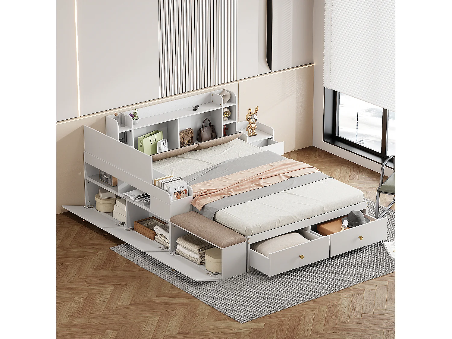 Kombibett 140 x 200 cm mit 2 Schubladen, integriertem Stauraum und Nachttisch, Sofabank, Kiefernholz und MDF, weiß