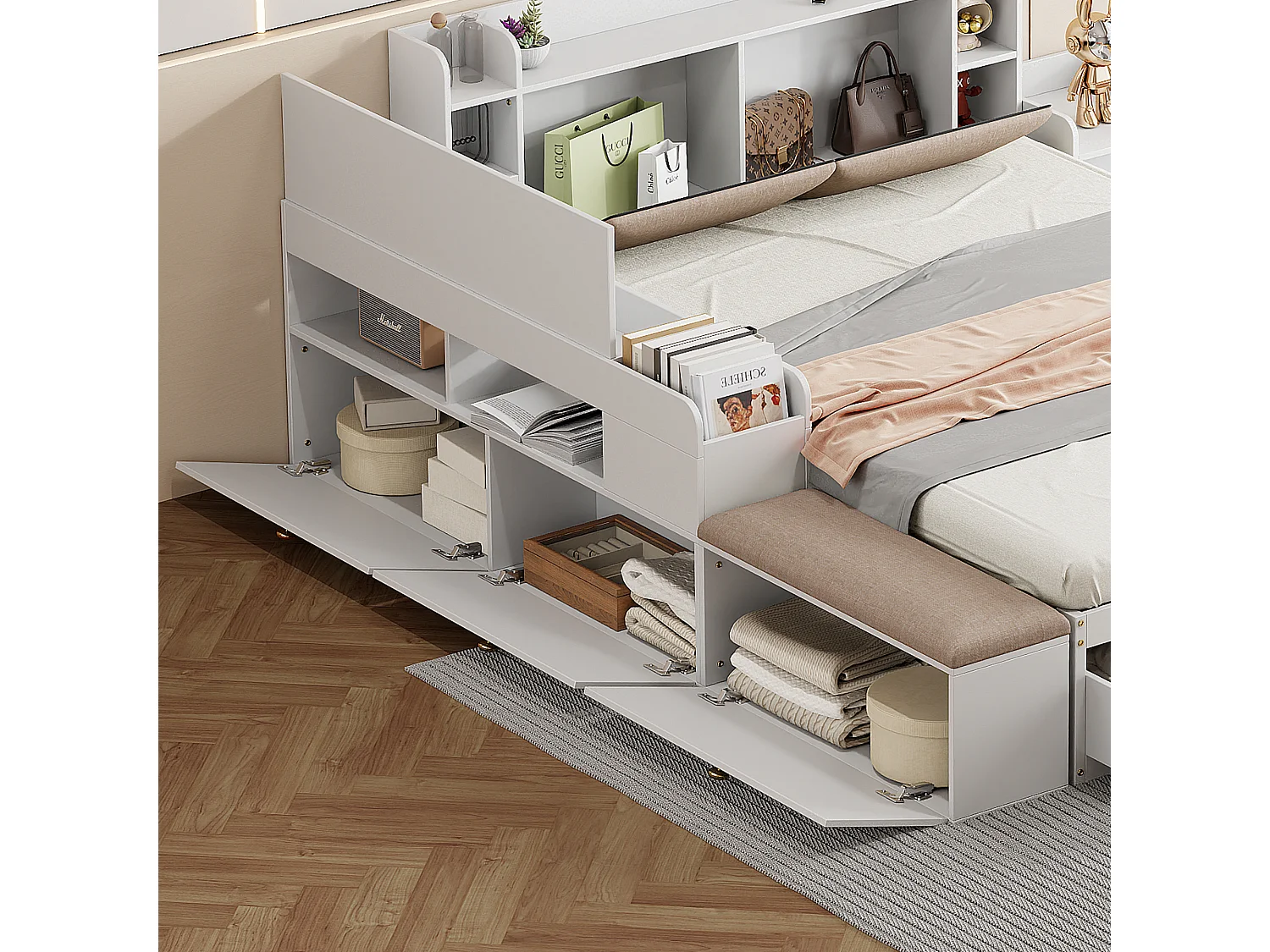 Kombibett 140 x 200 cm mit 2 Schubladen, integriertem Stauraum und Nachttisch, Sofabank, Kiefernholz und MDF, weiß