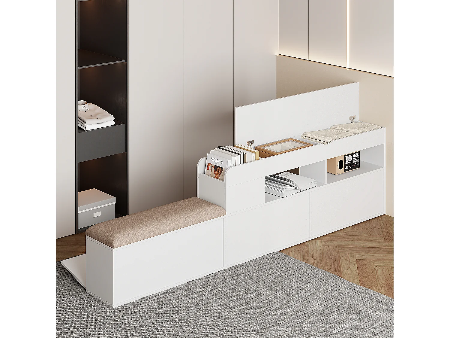 Kombibett 140 x 200 cm mit 2 Schubladen, integriertem Stauraum und Nachttisch, Sofabank, Kiefernholz und MDF, weiß