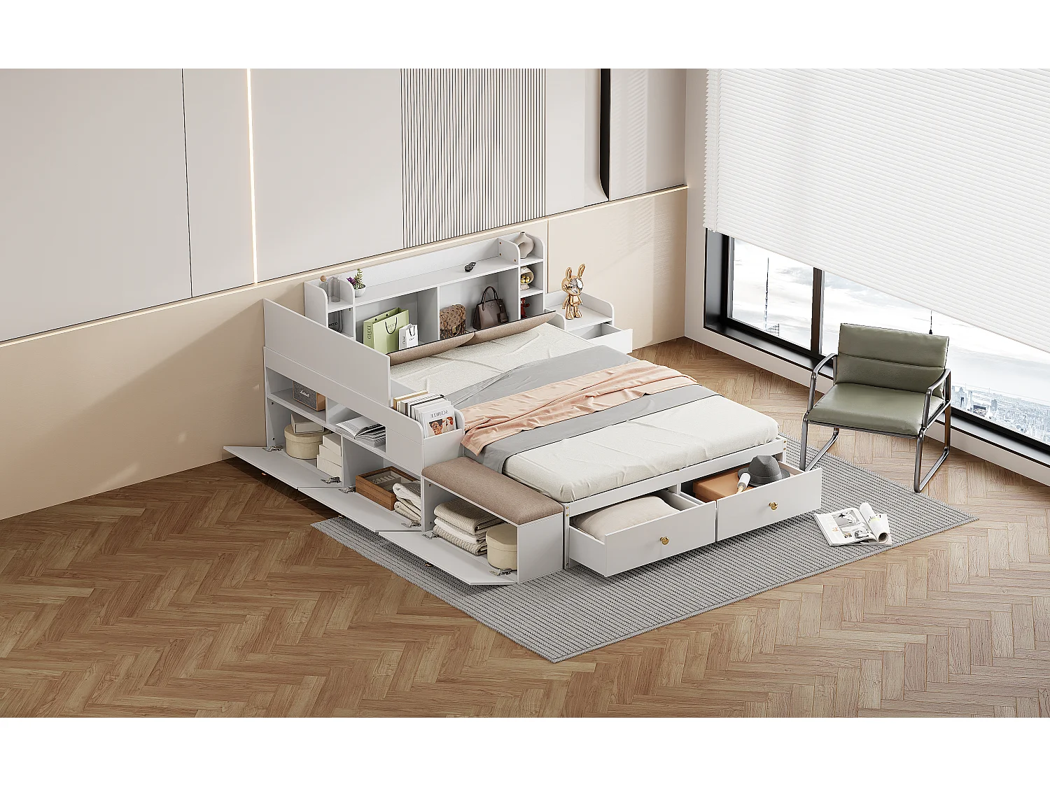 Kombibett 140 x 200 cm mit 2 Schubladen, integriertem Stauraum und Nachttisch, Sofabank, Kiefernholz und MDF, weiß